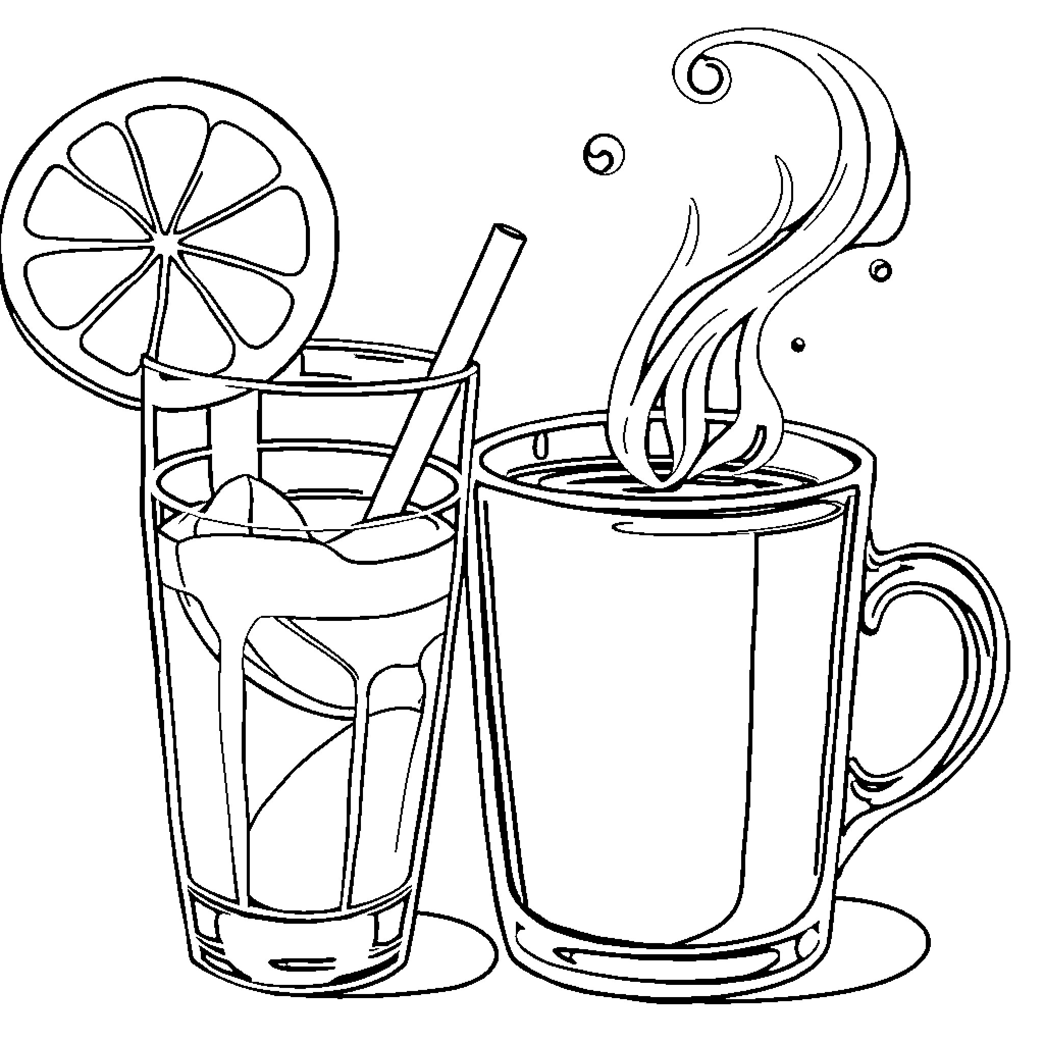 Lemon Themed Drinks and Beverages Coloring Page (free black-and-white line drawing printable PDF for all, from beginners to advanced learners, including children, teens, adults, and seniors)