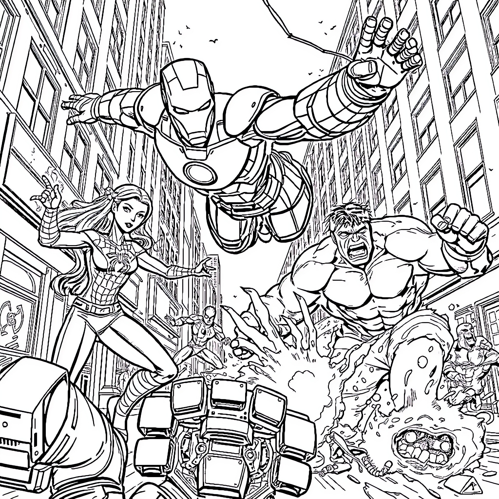 Superhero action-packed battle in the city Coloring Page (free black-and-white line drawing printable PDF for all, from beginners to advanced learners, including children, teens, adults, and seniors)