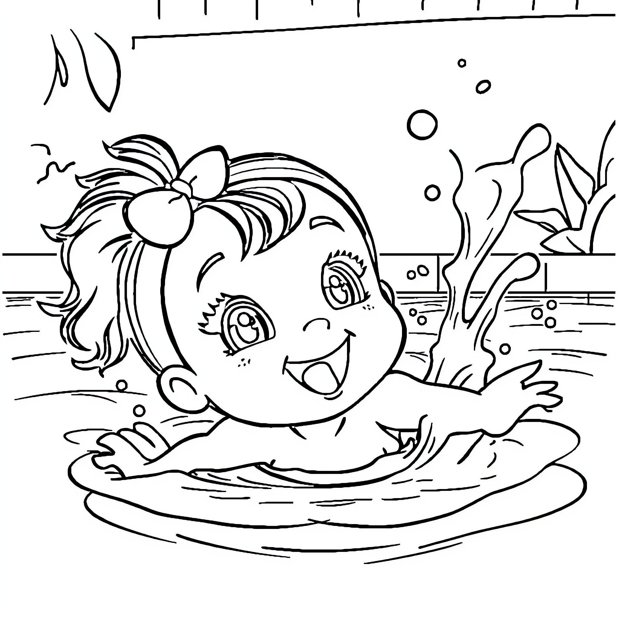 Gabby swimming happily in the pond Coloring Page (free black-and-white line drawing printable PDF for all, from beginners to advanced learners, including children, teens, adults, and seniors)