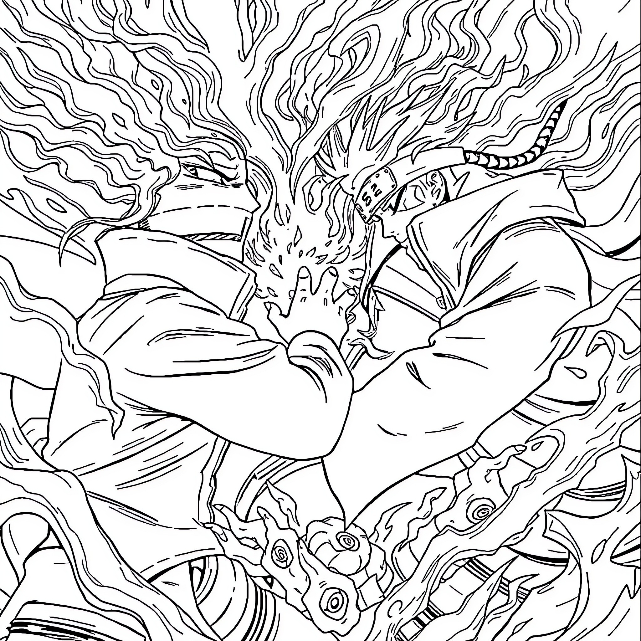 Naruto in Fierce Chakra Burst Coloring Page (free black-and-white line drawing printable PDF for all, from beginners to advanced learners, including children, teens, adults, and seniors)