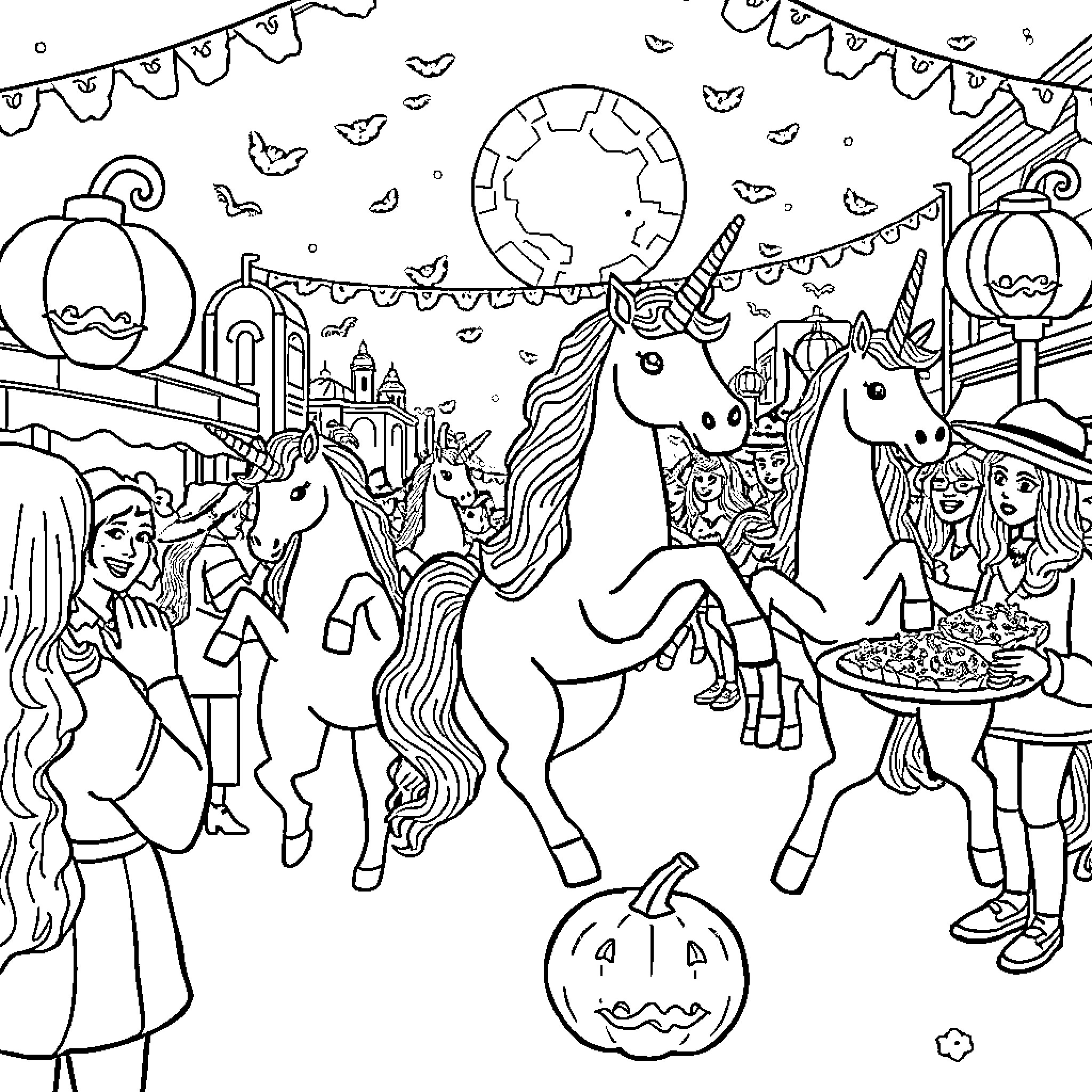 Unicorn Parade in a Festive Town Coloring Page (free black-and-white line drawing printable PDF for all, from beginners to advanced learners, including children, teens, adults, and seniors)