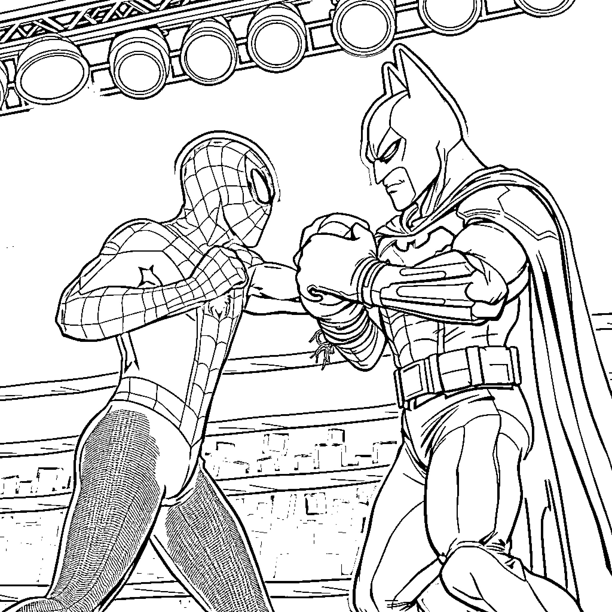 Spiderman and Batman in action-packed confrontation Coloring Page (free black-and-white line drawing printable PDF for all, from beginners to advanced learners, including children, teens, adults, and seniors)