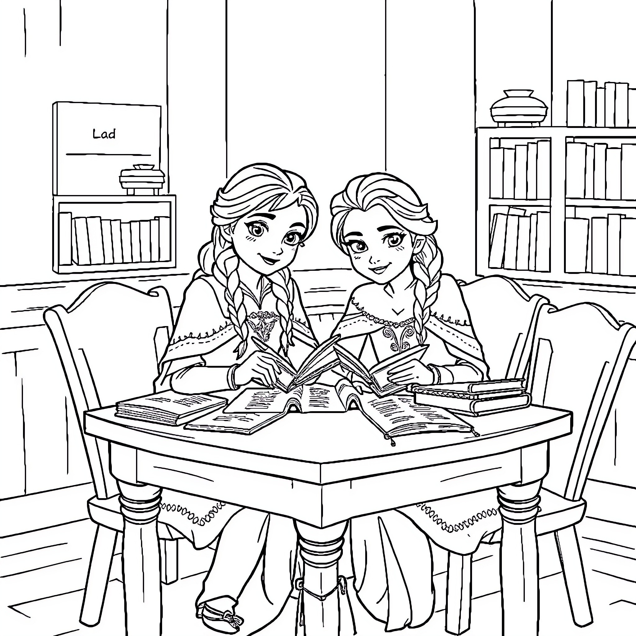 Anna and Elsa studying together in the library Coloring Page (free black-and-white line drawing printable PDF for all, from beginners to advanced learners, including children, teens, adults, and seniors)