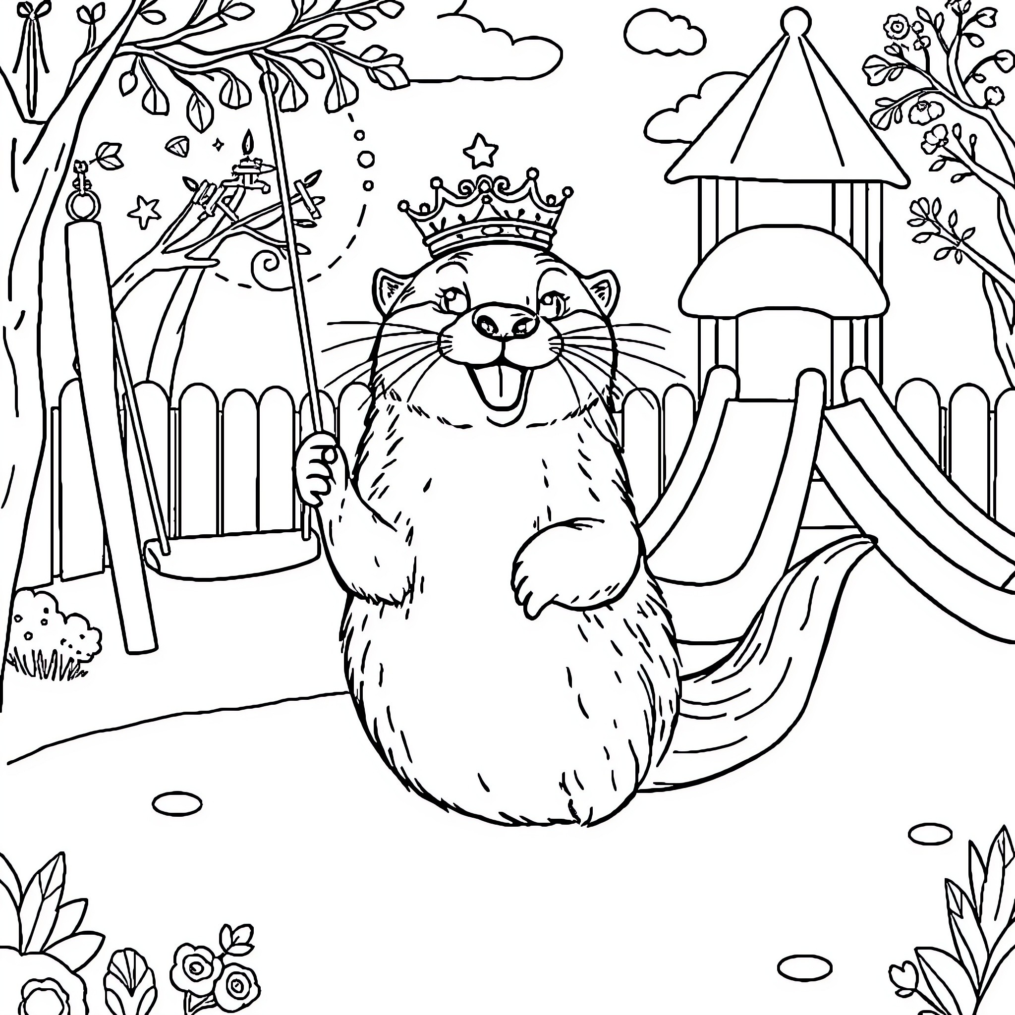 Otter happily playing in a whimsical playground Coloring Page (free black-and-white line drawing printable PDF for all, from beginners to advanced learners, including children, teens, adults, and seniors)