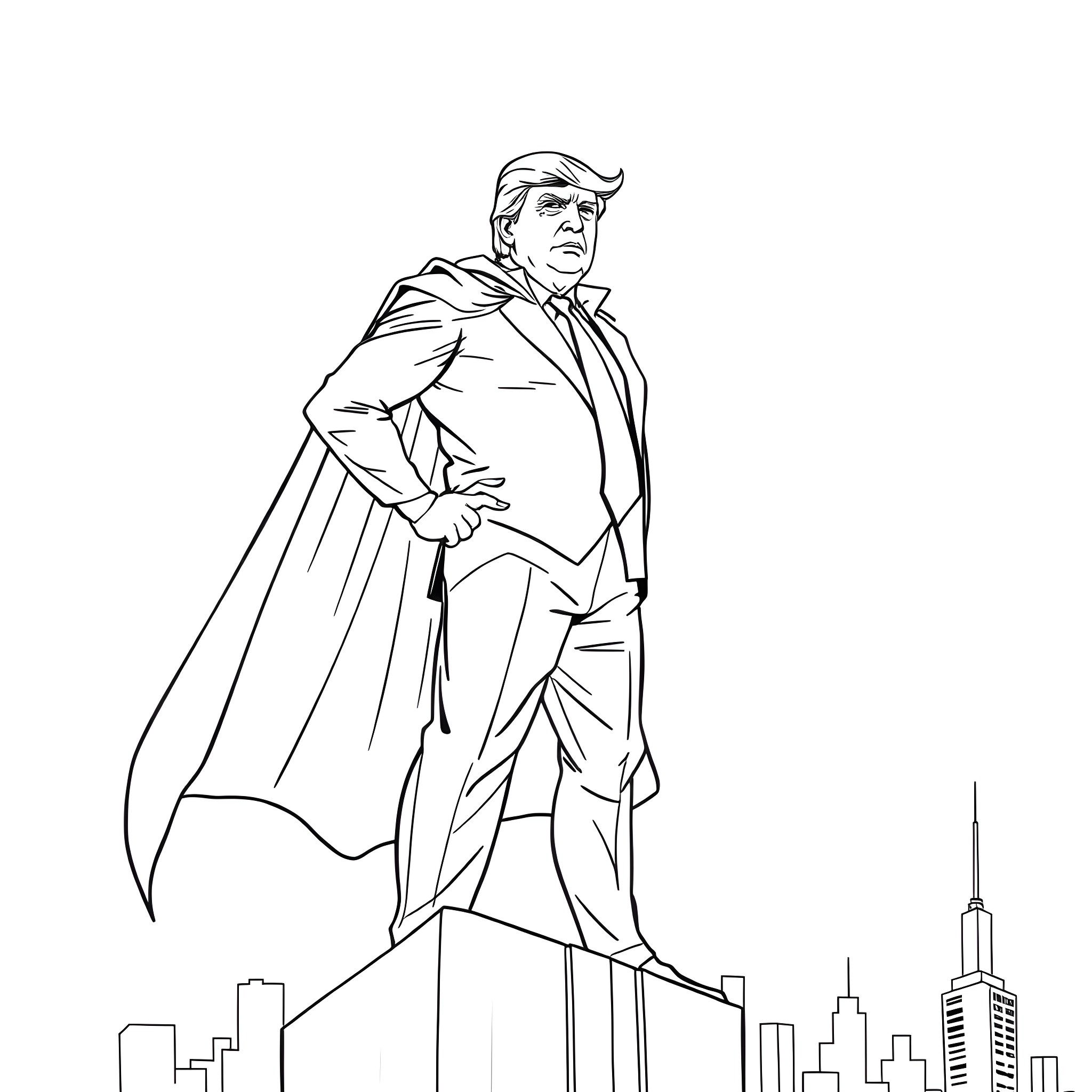 Trump's Decisive Stance in the City Coloring Page (free black-and-white line drawing printable PDF for all, from beginners to advanced learners, including children, teens, adults, and seniors)