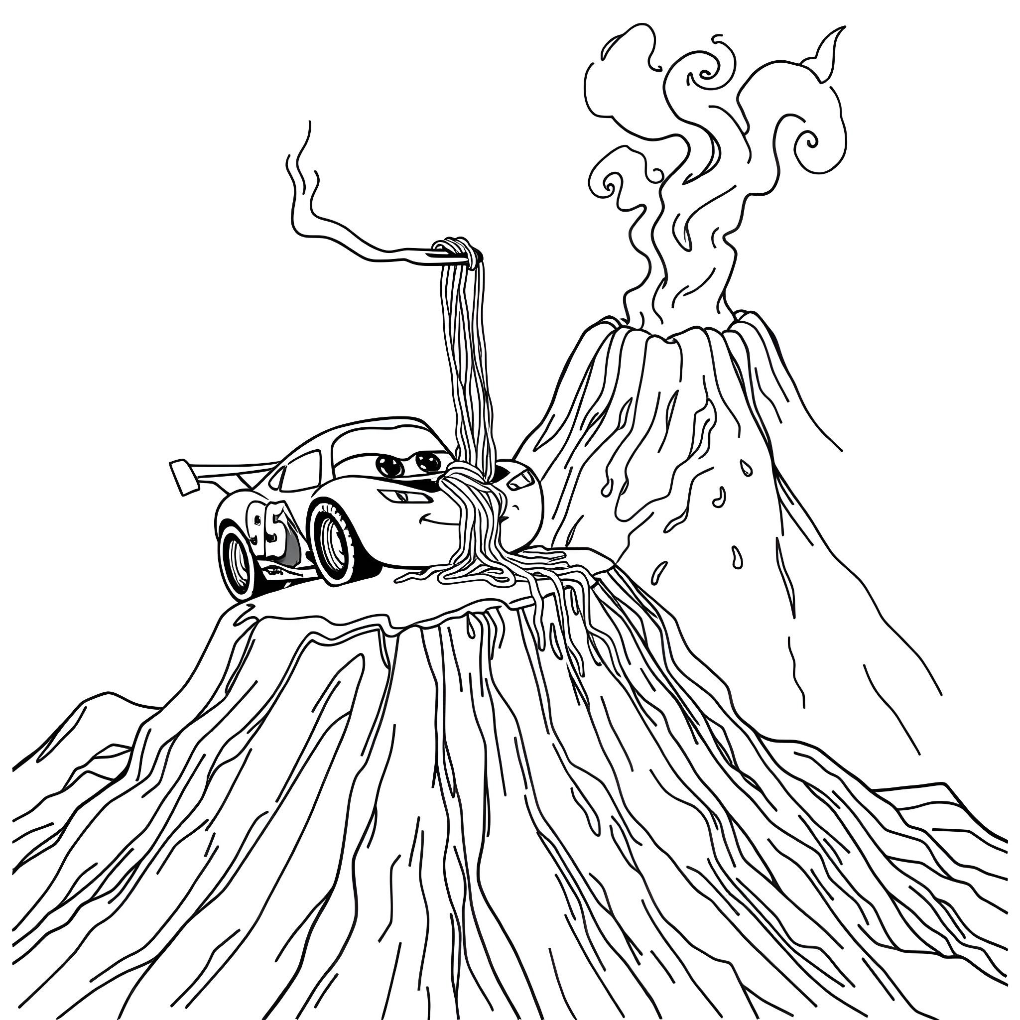 Lightning McQueen races through a fiery volcano landscape Coloring Page (free black-and-white line drawing printable PDF for all, from beginners to advanced learners, including children, teens, adults, and seniors)