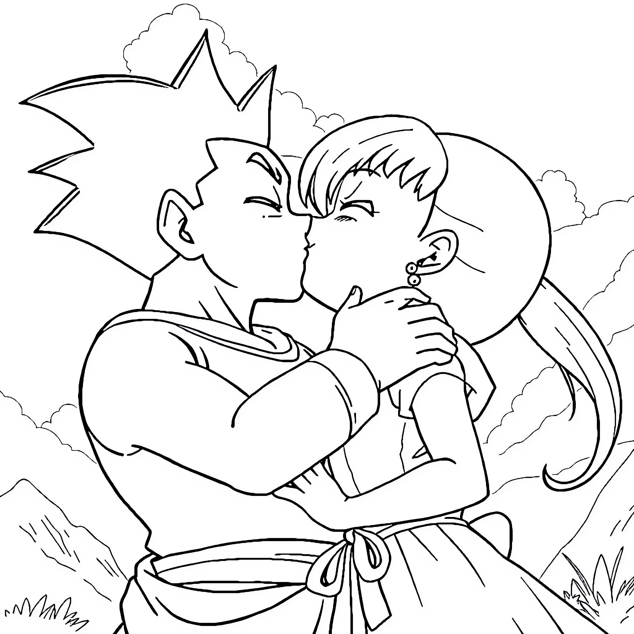 Bulma and her companion in an intense moment Coloring Page (free black-and-white line drawing printable PDF for all, from beginners to advanced learners, including children, teens, adults, and seniors)