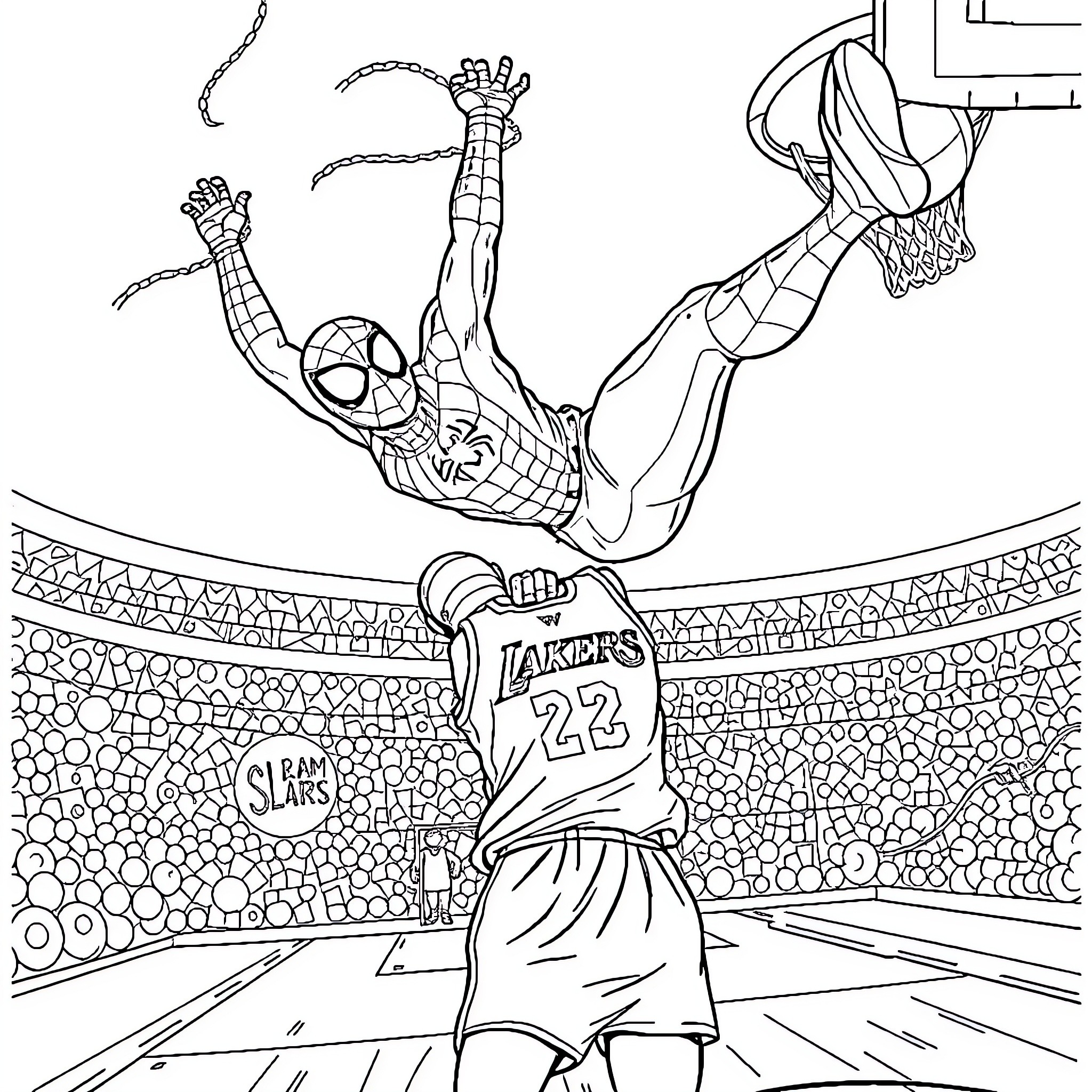 Spiderman swinging acrobatically in a basketball court Coloring Page (free black-and-white line drawing printable PDF for all, from beginners to advanced learners, including children, teens, adults, and seniors)