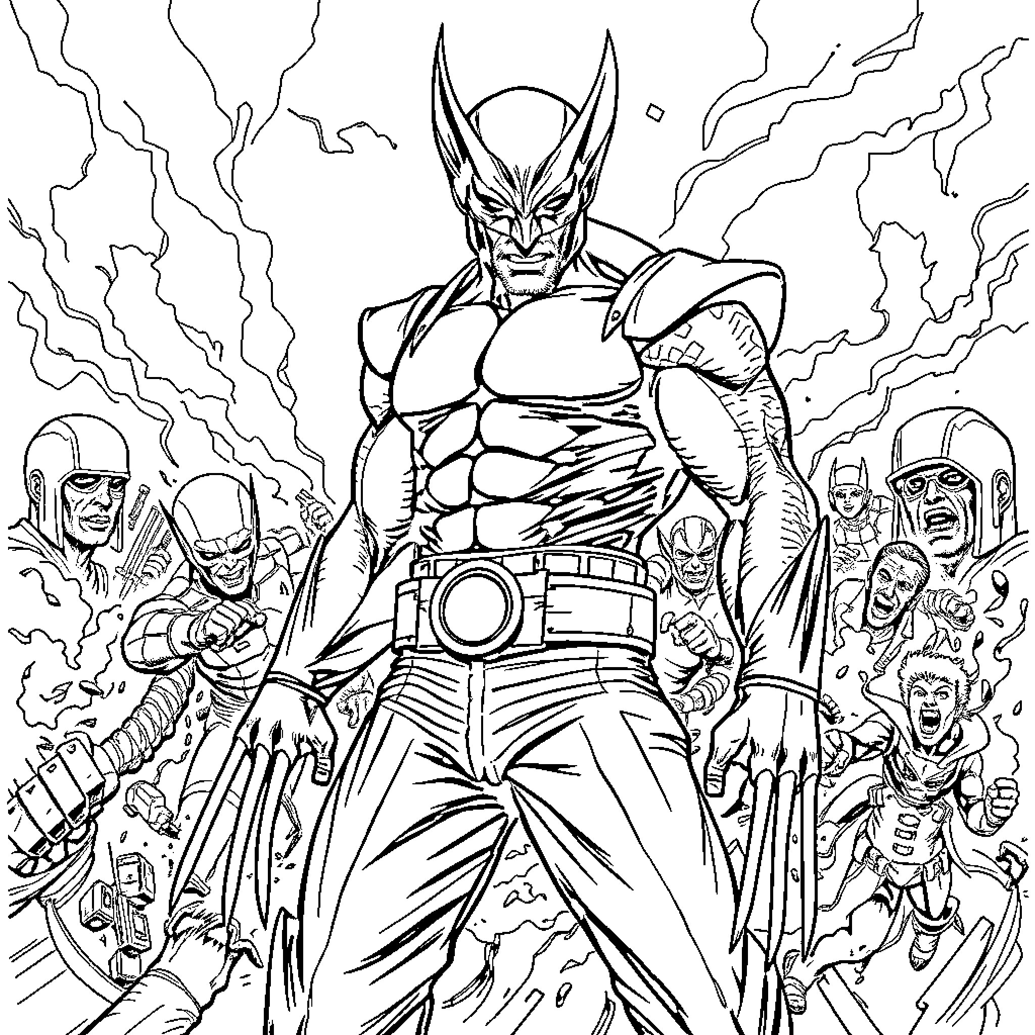 Wolverine: Fierce Warrior Surrounded by Adversaries Coloring Page (free black-and-white line drawing printable PDF for all, from beginners to advanced learners, including children, teens, adults, and seniors)