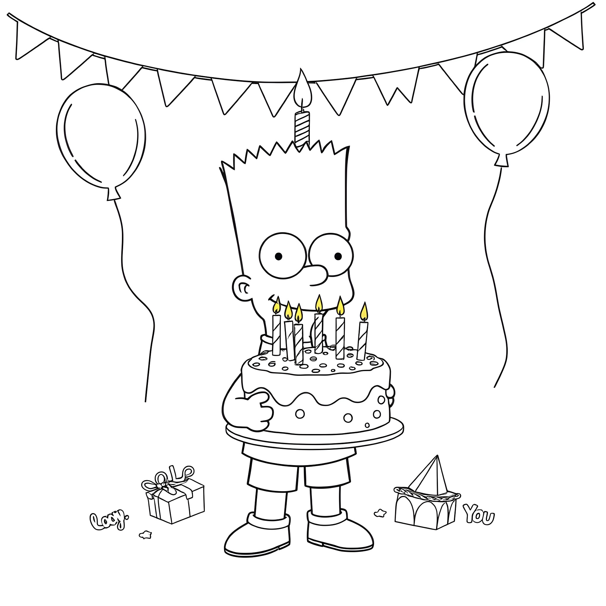 Bart Simpson celebrates birthday with cake and balloons Coloring Page (free black-and-white line drawing printable PDF for all, from beginners to advanced learners, including children, teens, adults, and seniors)