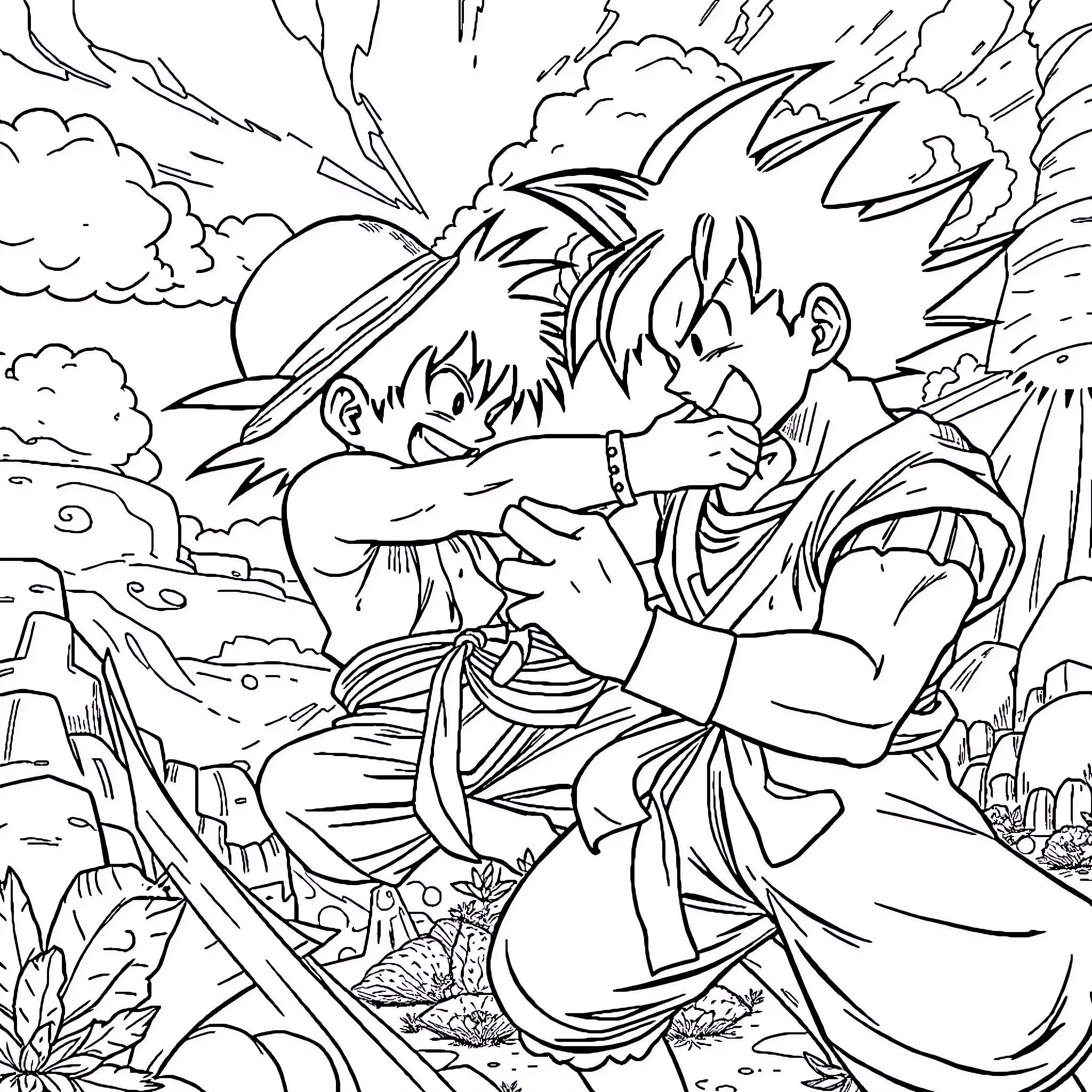 Luffy preparing for an intense battle in a surreal landscape Coloring Page (free black-and-white line drawing printable PDF for all, from beginners to advanced learners, including children, teens, adults, and seniors)
