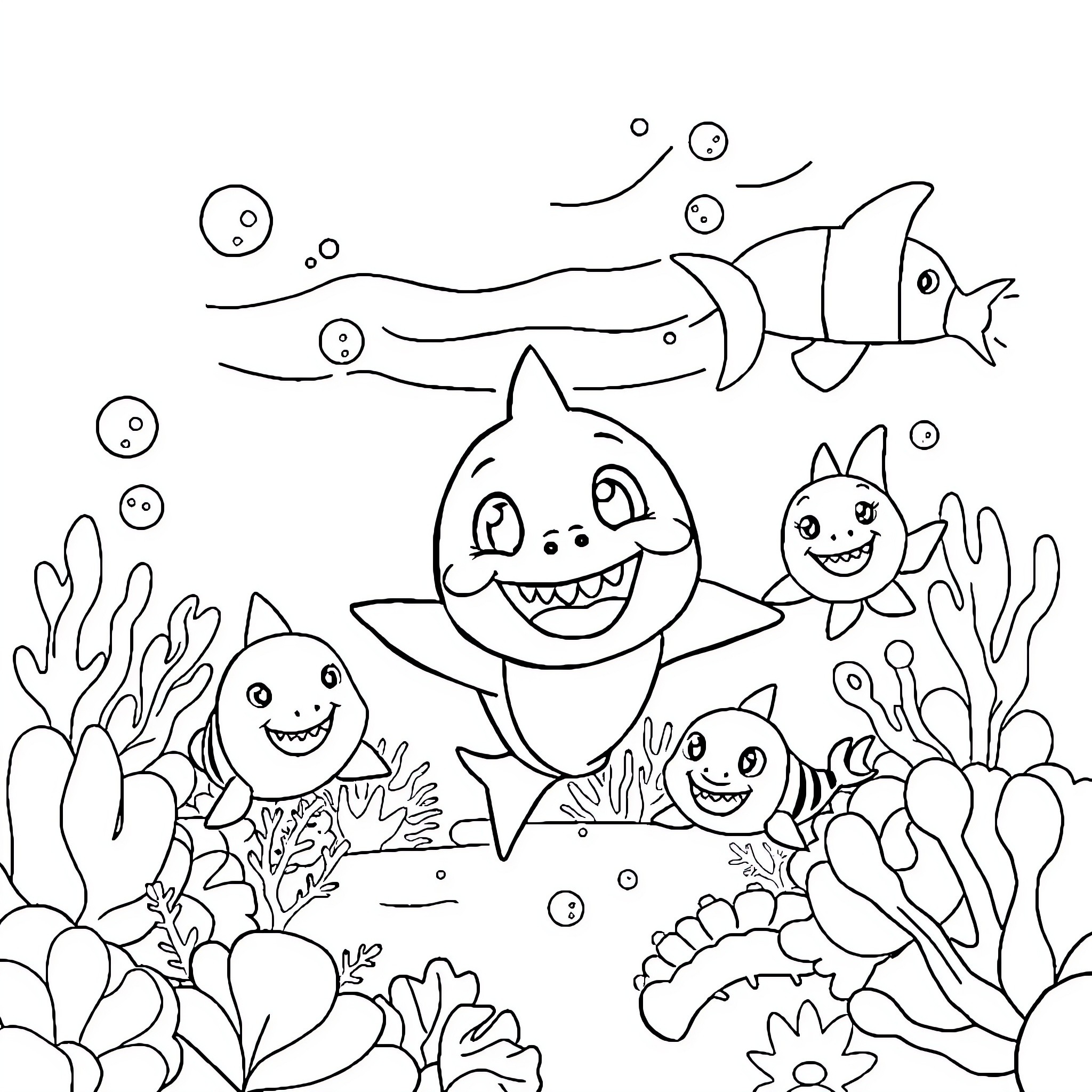 Shark family swimming in the ocean Coloring Page (free black-and-white line drawing printable PDF for all, from beginners to advanced learners, including children, teens, adults, and seniors)
