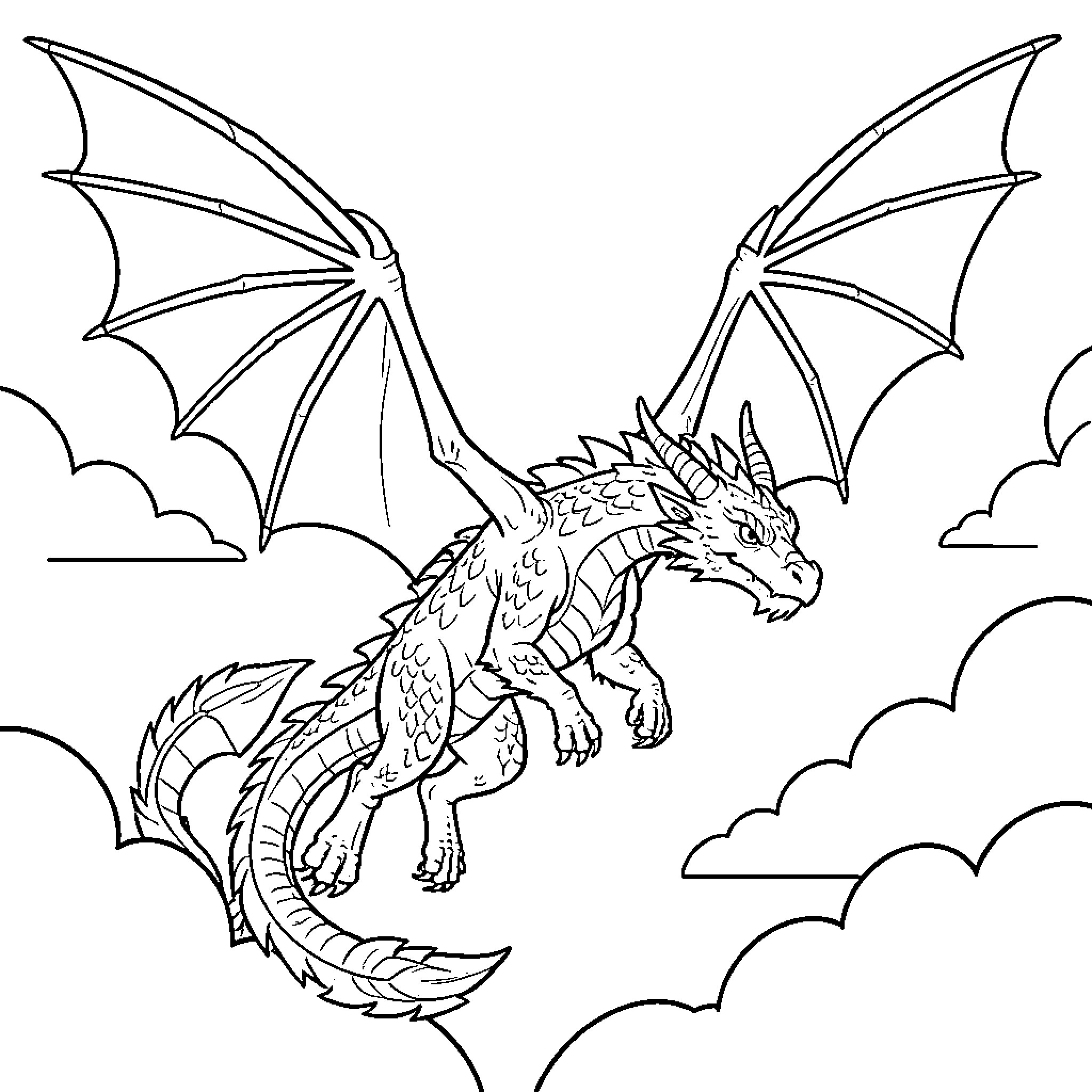 Dragon soaring majestically through the fluffy clouds Coloring Page (free black-and-white line drawing printable PDF for all, from beginners to advanced learners, including children, teens, adults, and seniors)