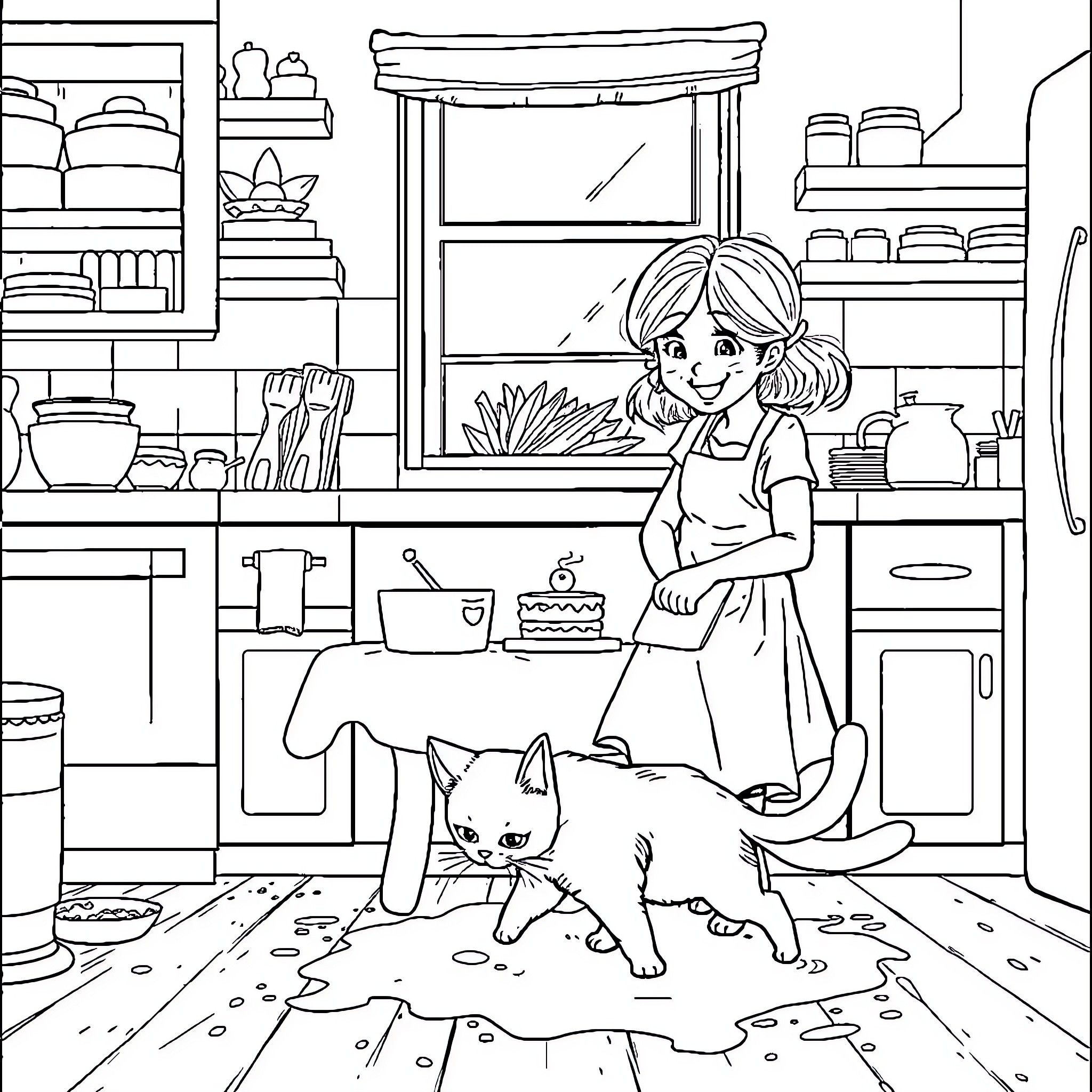 Daughter helping a playful cat in the kitchen Coloring Page (free black-and-white line drawing printable PDF for all, from beginners to advanced learners, including children, teens, adults, and seniors)