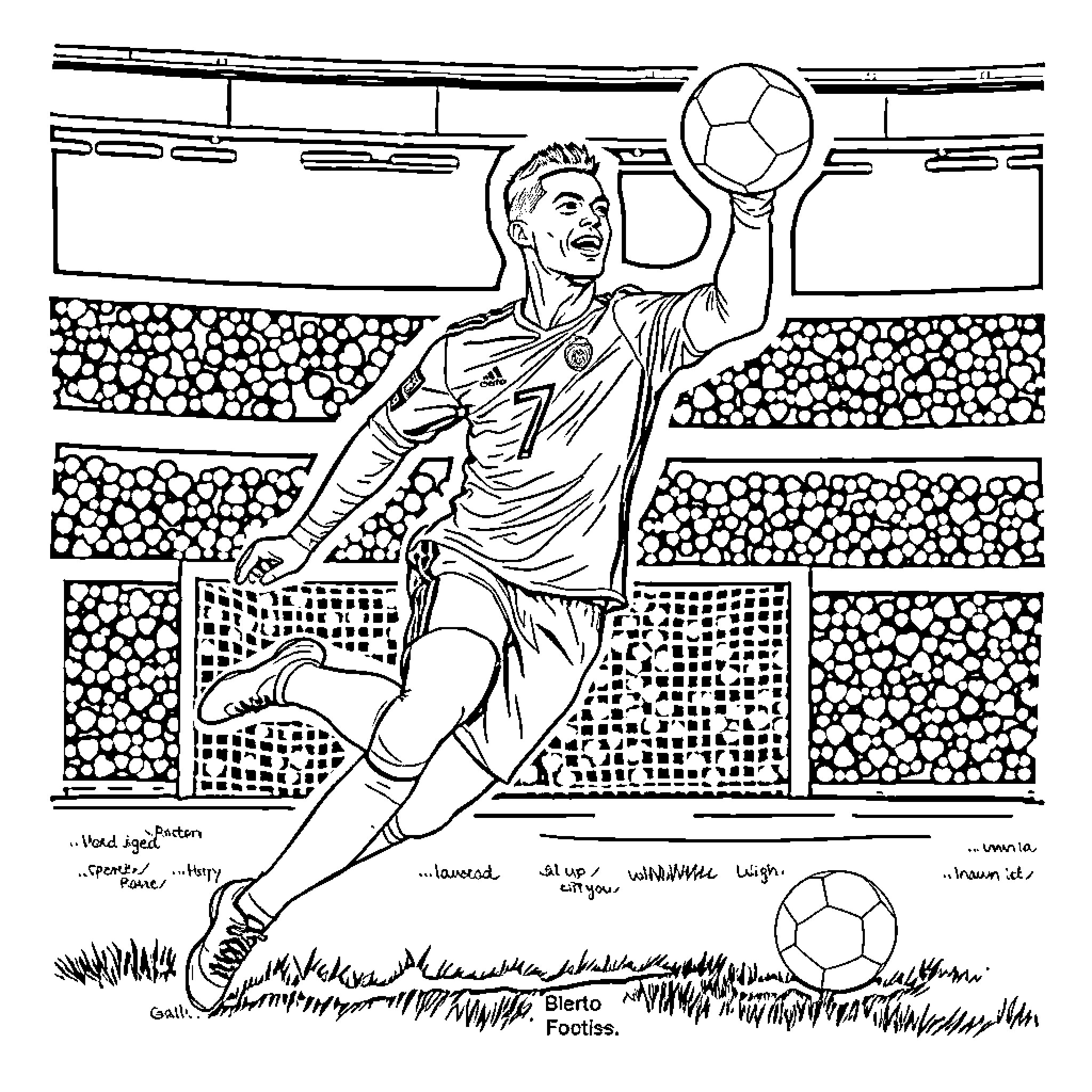 Cr7 Player Celebrates Victory in Soccer Match Coloring Page (free black-and-white line drawing printable PDF for all, from beginners to advanced learners, including children, teens, adults, and seniors)