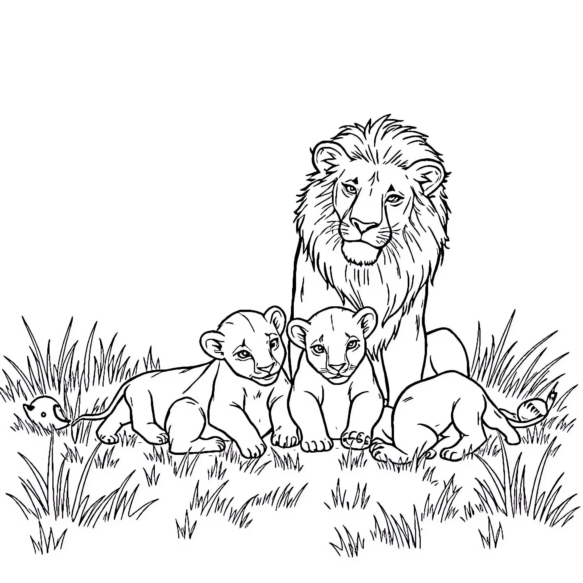Lion and lion cubs resting in the wild Coloring Page (free black-and-white line drawing printable PDF for all, from beginners to advanced learners, including children, teens, adults, and seniors)