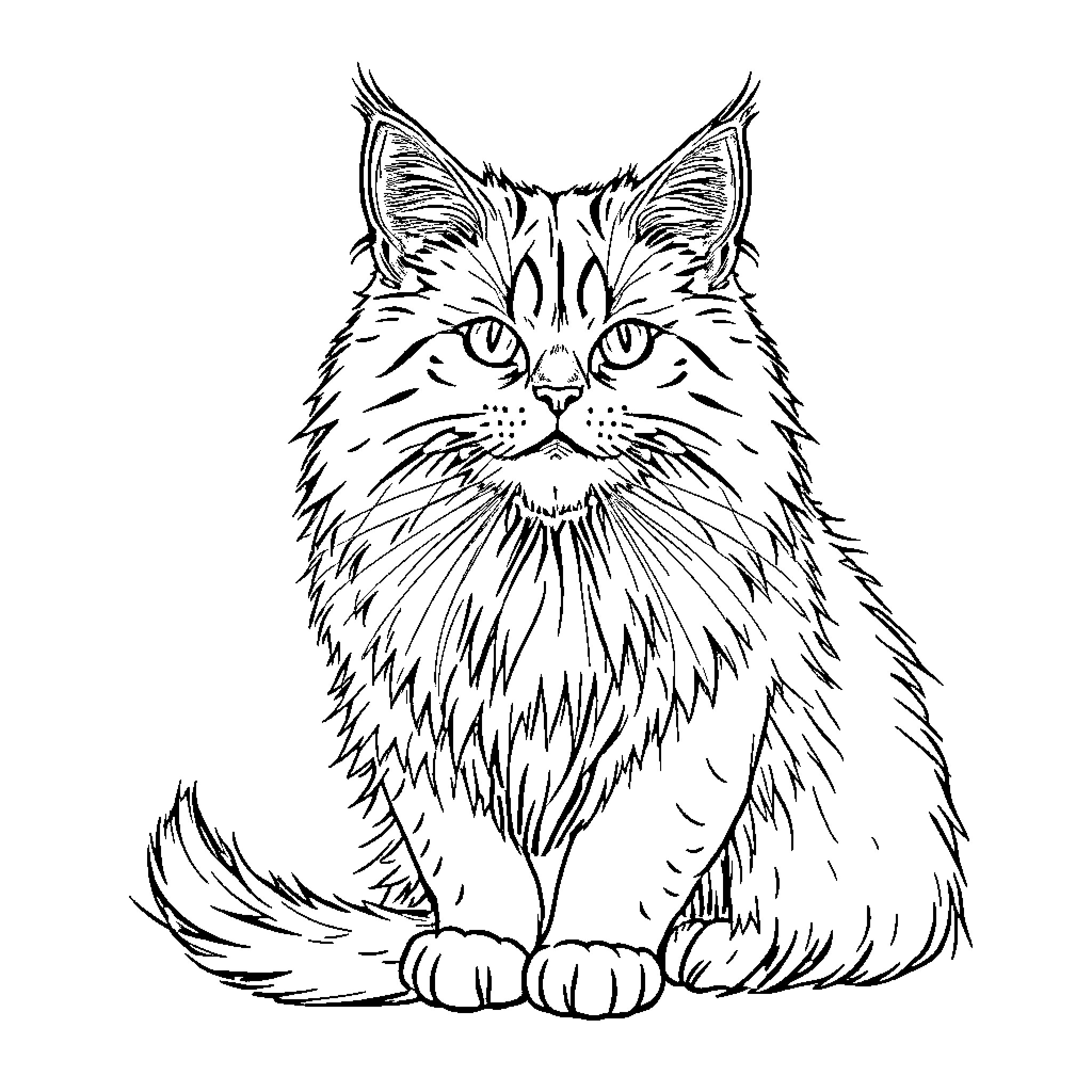 Maine Coon cat with attentive expression Coloring Page (free black-and-white line drawing printable PDF for all, from beginners to advanced learners, including children, teens, adults, and seniors)