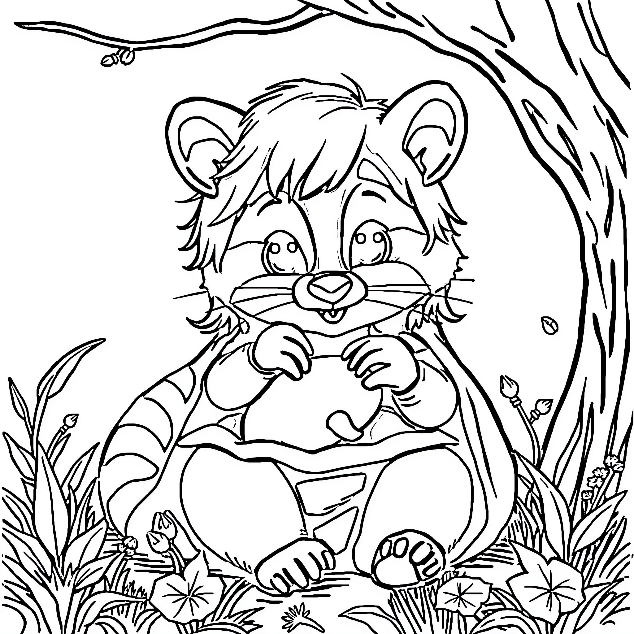 Woman admiring the cute forest creature Coloring Page (free black-and-white line drawing printable PDF for all, from beginners to advanced learners, including children, teens, adults, and seniors)