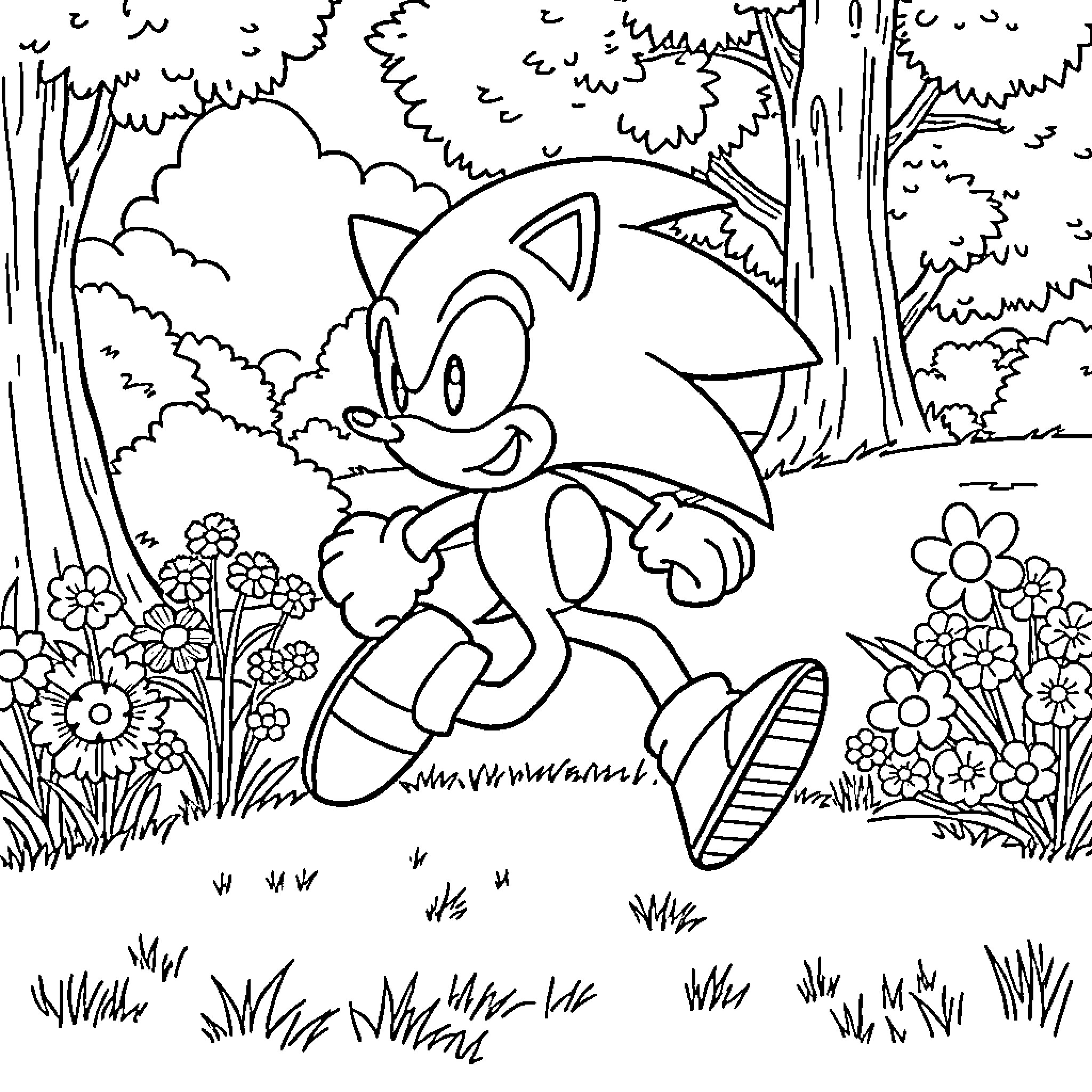 Sonic rushing through a vibrant garden Coloring Page (free black-and-white line drawing printable PDF for all, from beginners to advanced learners, including children, teens, adults, and seniors)