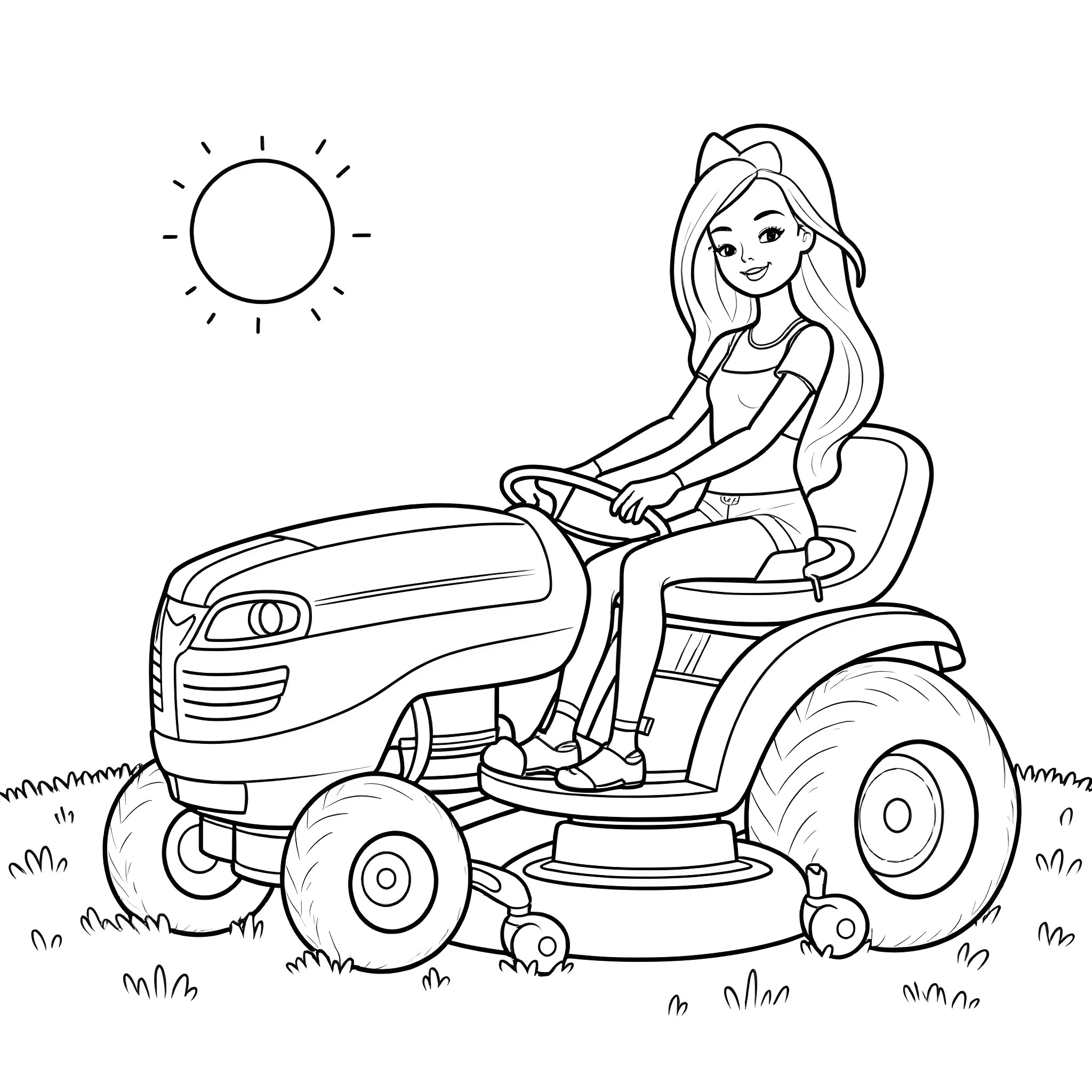 Barbie riding a lawn mower in the garden Coloring Page (free black-and-white line drawing printable PDF for all, from beginners to advanced learners, including children, teens, adults, and seniors)