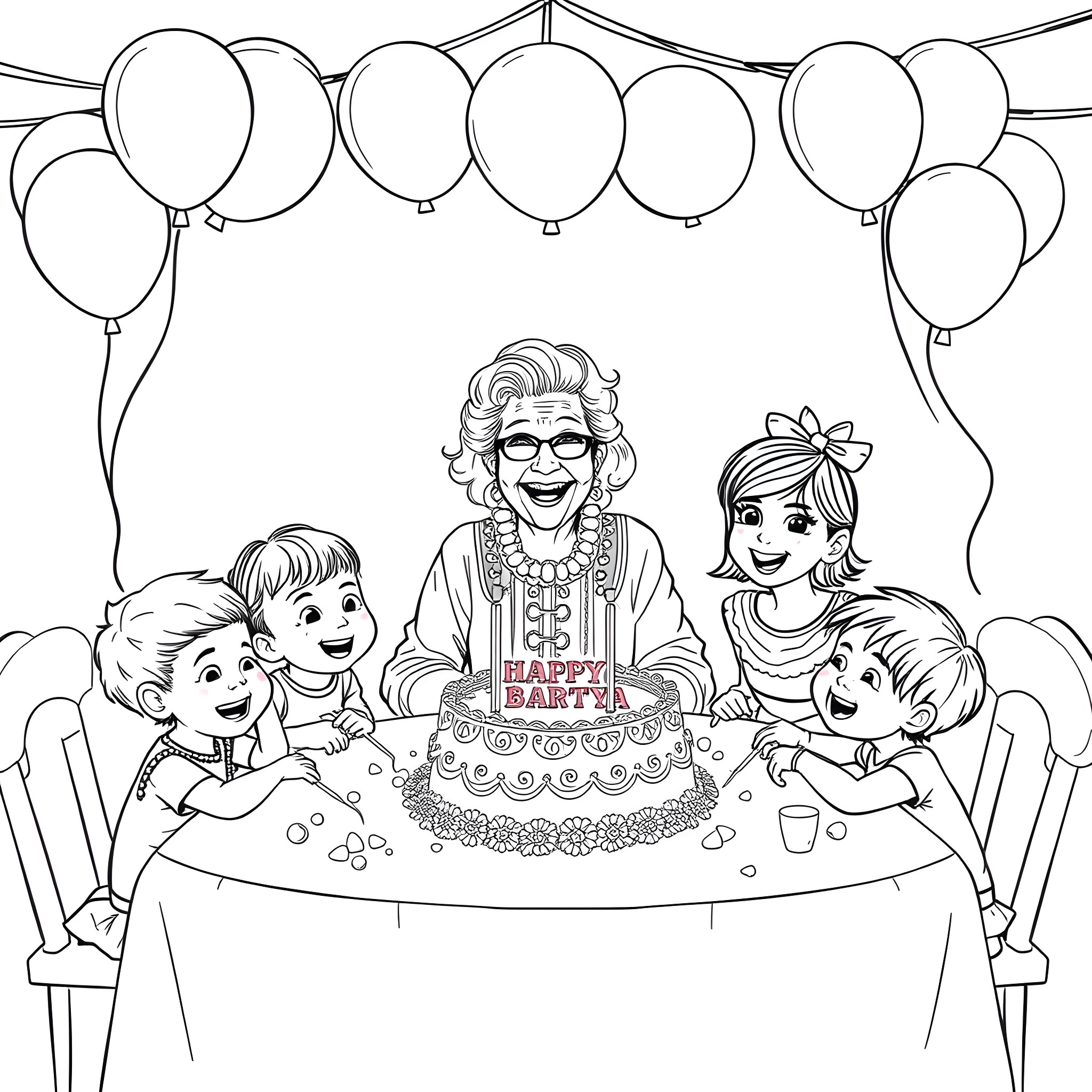 Grandma's Joyful Birthday Celebration with Family Coloring Page (free black-and-white line drawing printable PDF for all, from beginners to advanced learners, including children, teens, adults, and seniors)