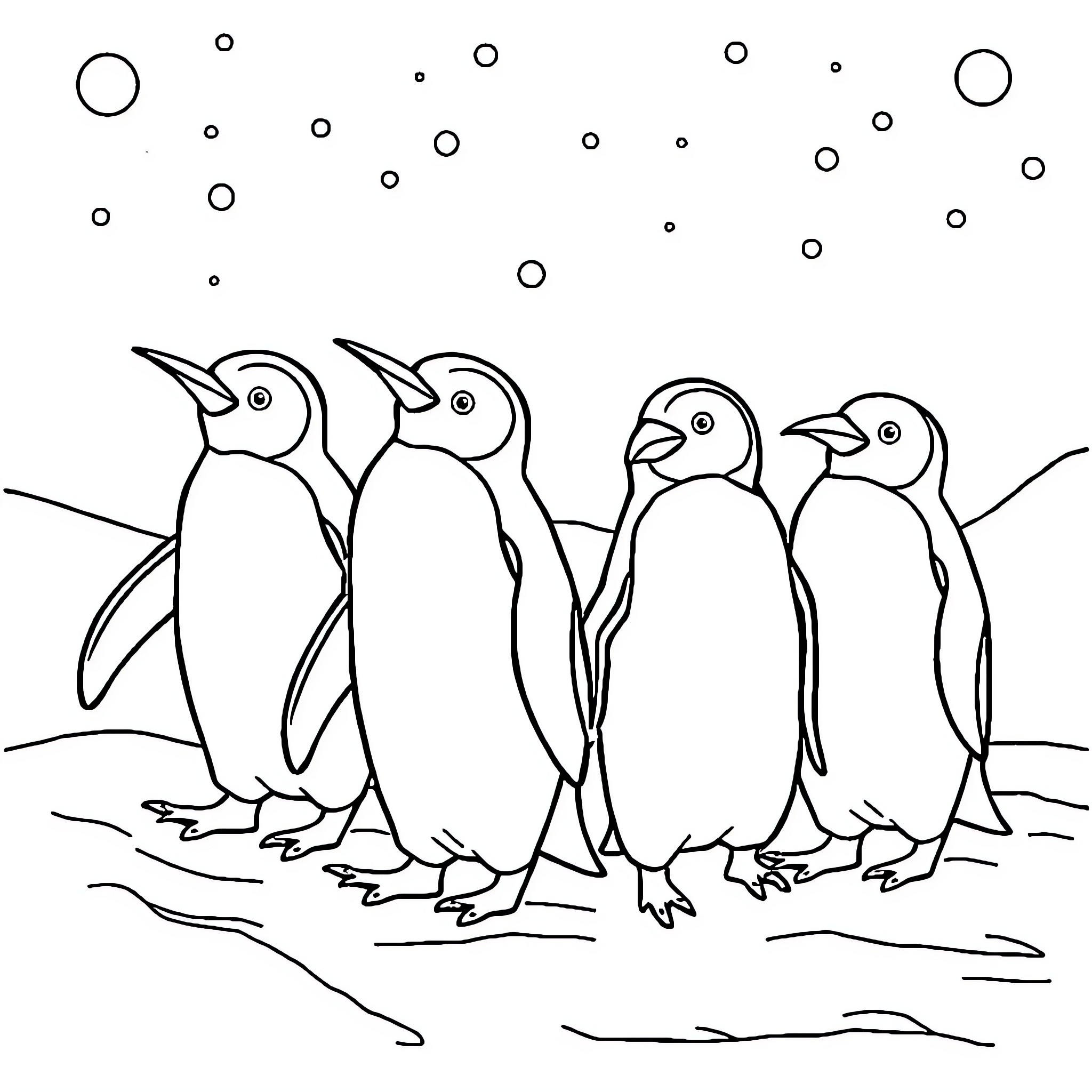 Penguin group huddled together Coloring Page (free black-and-white line drawing printable PDF for all, from beginners to advanced learners, including children, teens, adults, and seniors)
