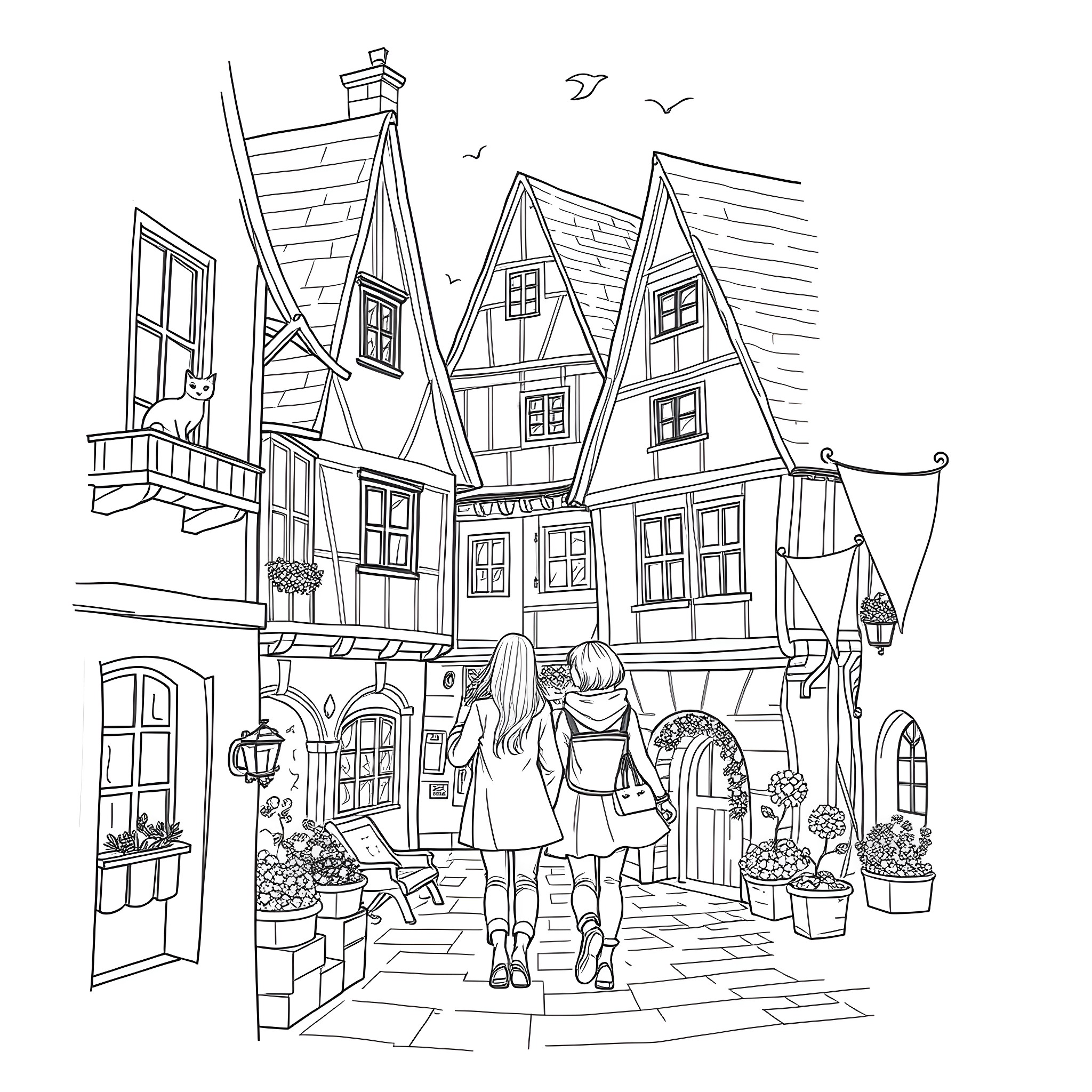 Traveler exploring the charming European town Coloring Page (free black-and-white line drawing printable PDF for all, from beginners to advanced learners, including children, teens, adults, and seniors)