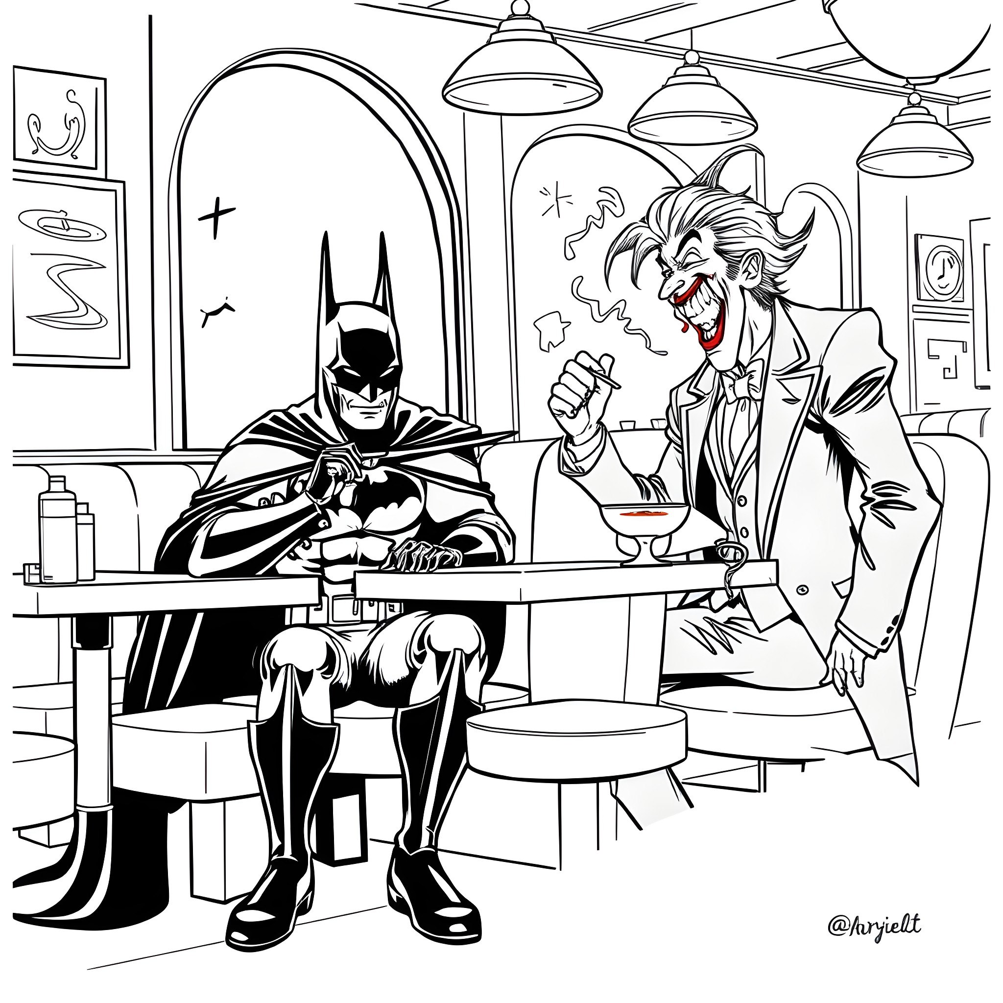 Batman confronts the Joker in a diner setting Coloring Page (free black-and-white line drawing printable PDF for all, from beginners to advanced learners, including children, teens, adults, and seniors)