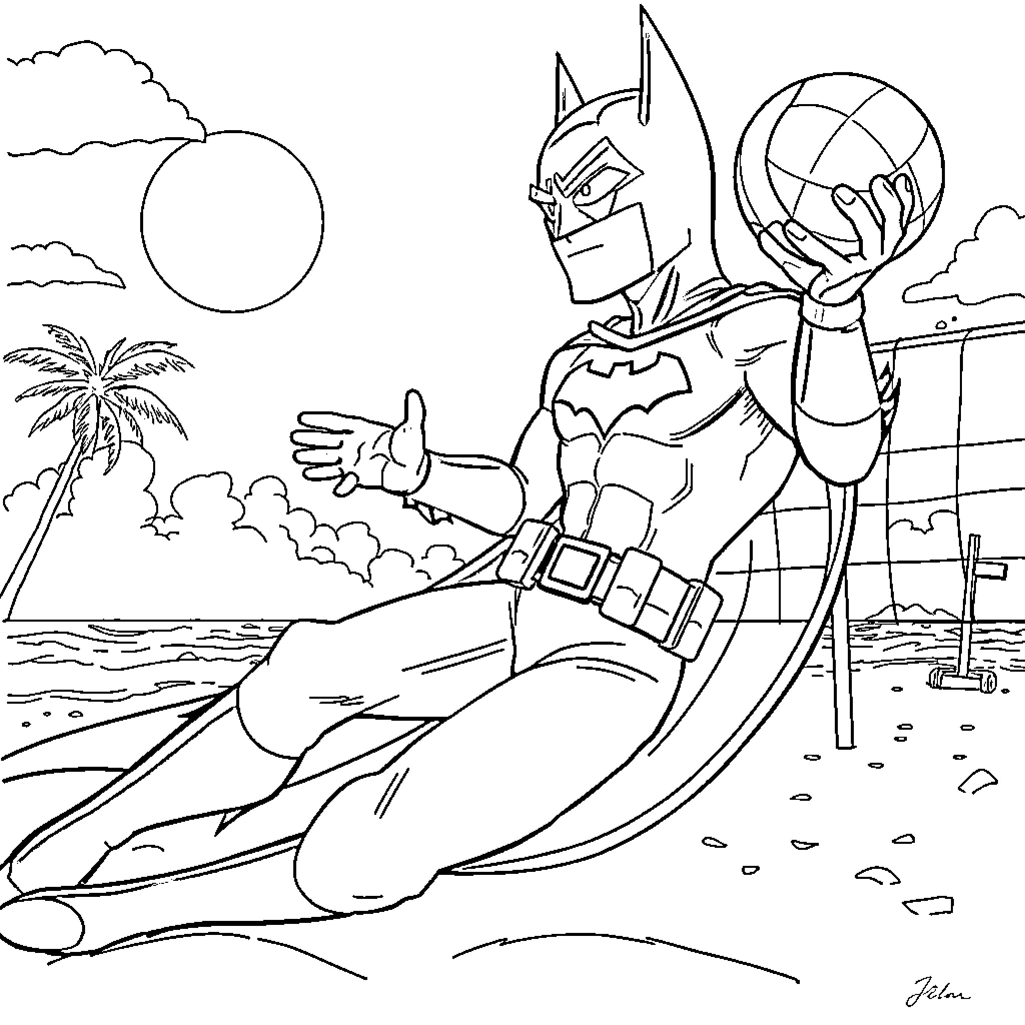 Batman Soaring Above the Tropical Landscape Coloring Page (free black-and-white line drawing printable PDF for all, from beginners to advanced learners, including children, teens, adults, and seniors)