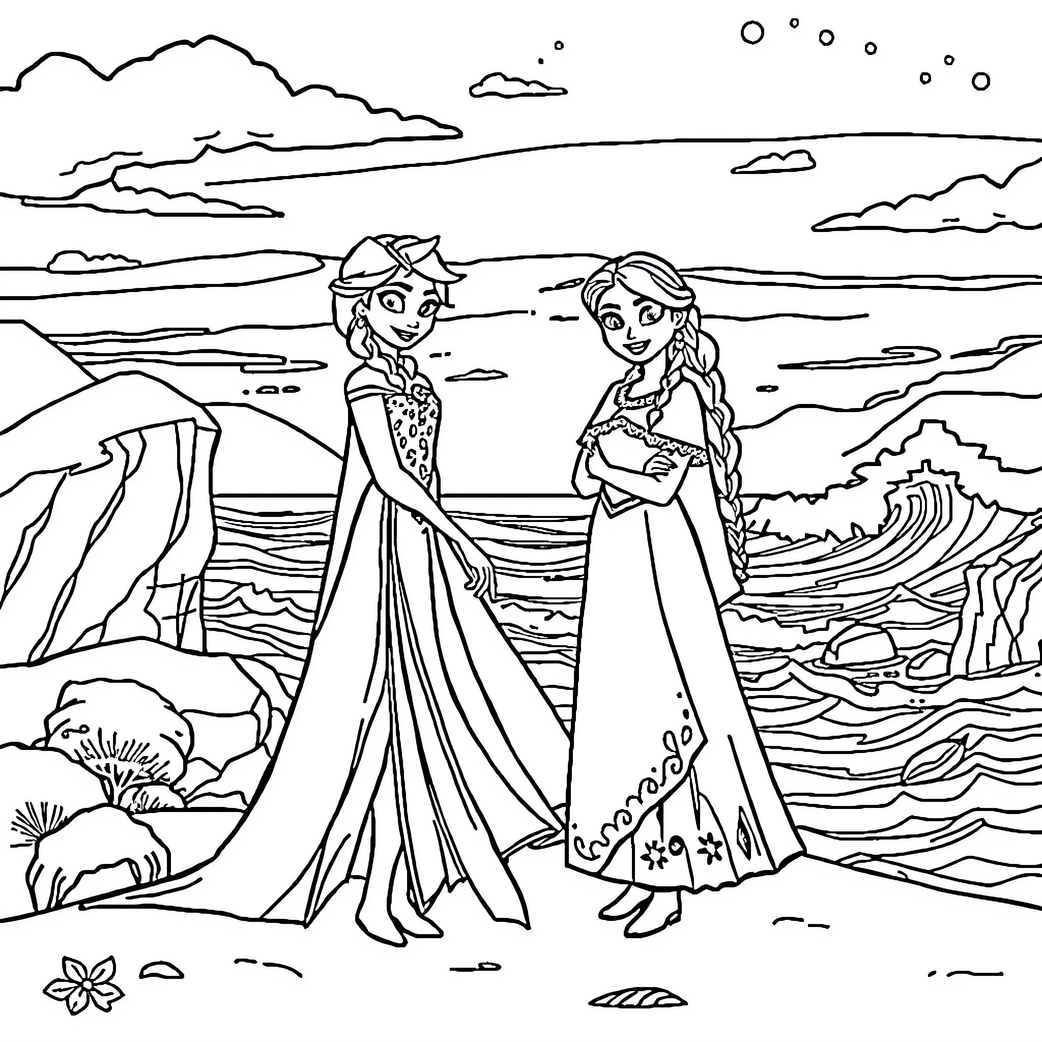 Elsa and Anna strolling on the beach Coloring Page (free black-and-white line drawing printable PDF for all, from beginners to advanced learners, including children, teens, adults, and seniors)