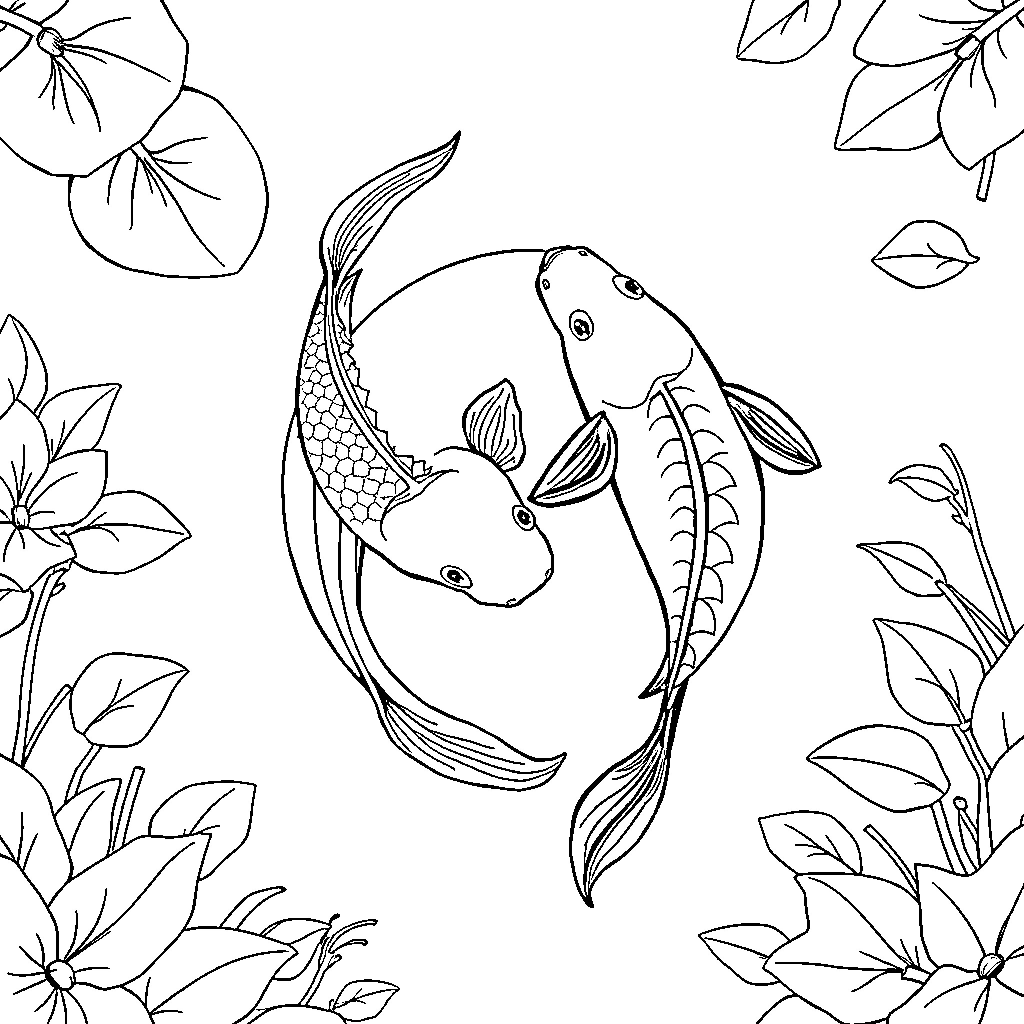 Koi Fish swimming in a natural pond Coloring Page (free black-and-white line drawing printable PDF for all, from beginners to advanced learners, including children, teens, adults, and seniors)