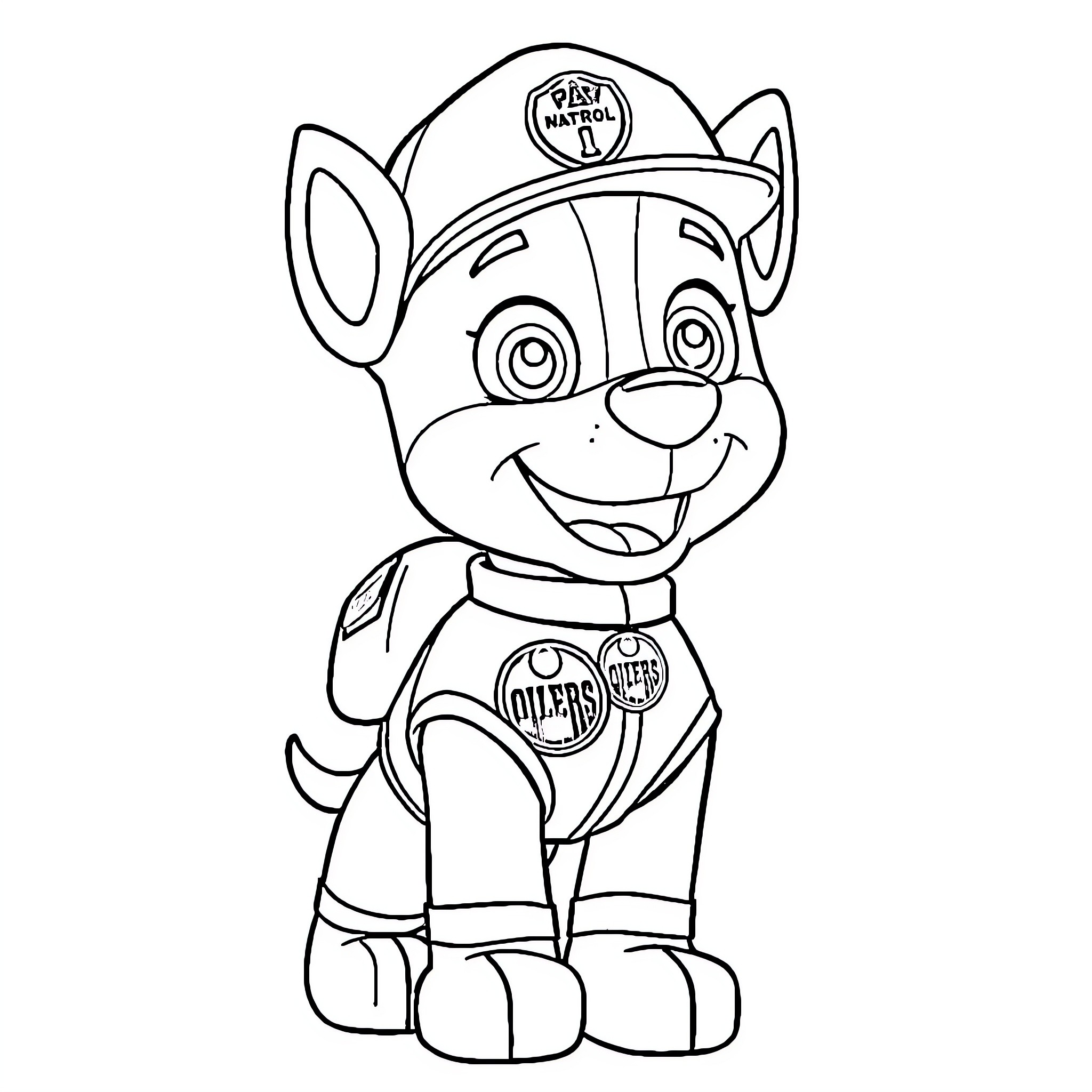 Paw Patrol pup in uniform smiling happily Coloring Page (free black-and-white line drawing printable PDF for all, from beginners to advanced learners, including children, teens, adults, and seniors)