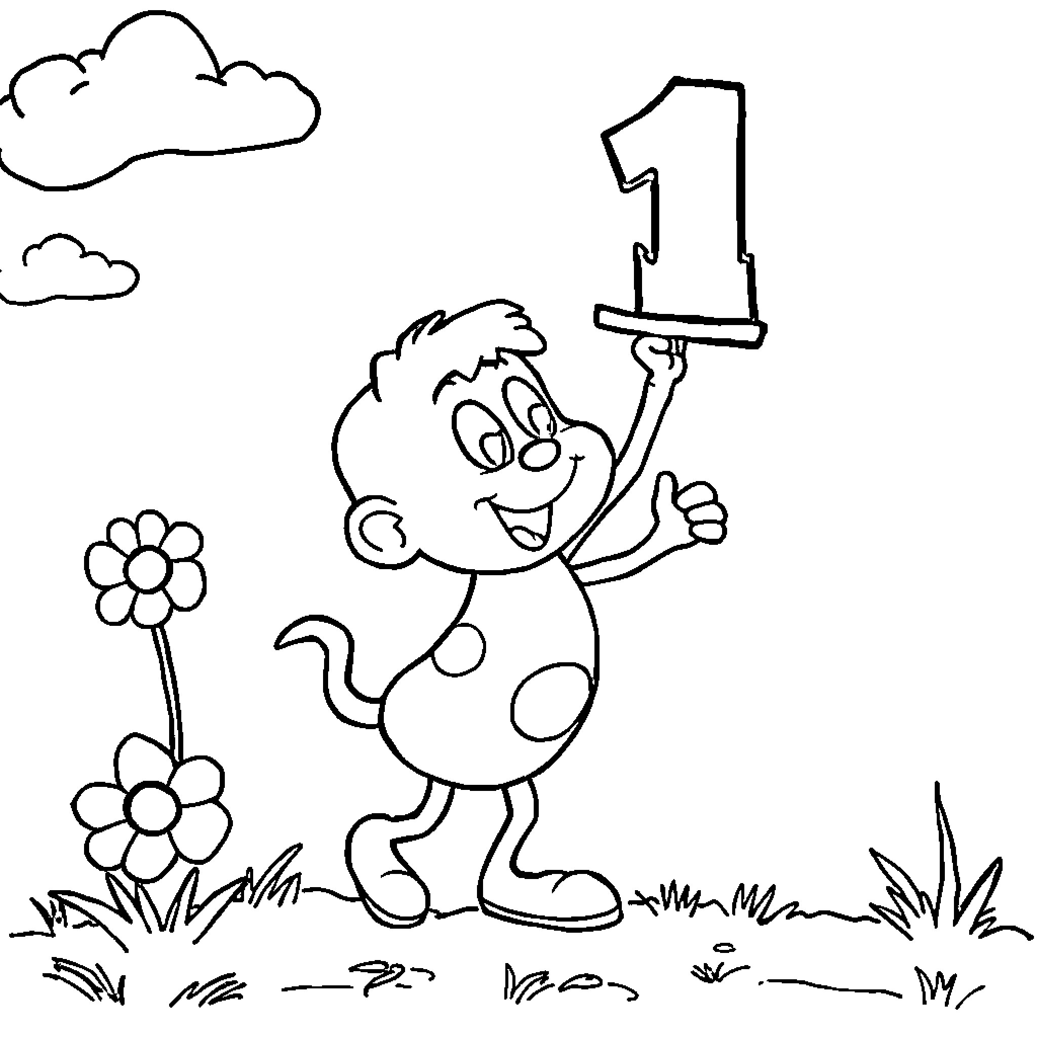 Number 1 Kid Celebrating with Flowers Coloring Page (free black-and-white line drawing printable PDF for all, from beginners to advanced learners, including children, teens, adults, and seniors)