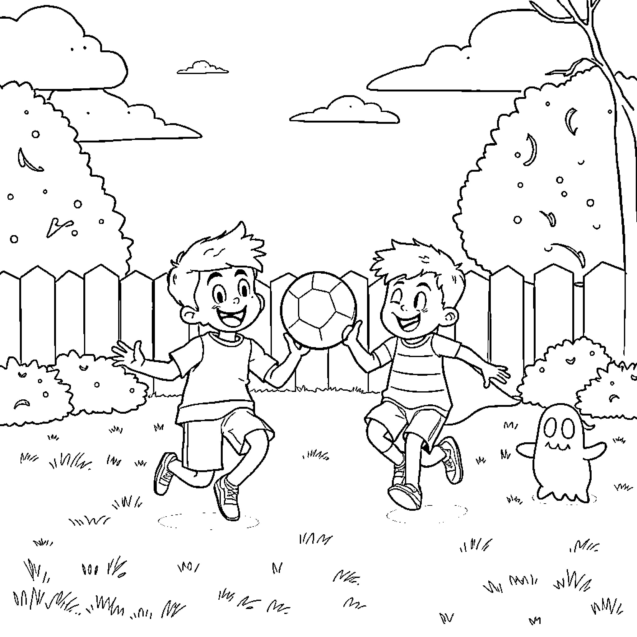 LankyBox Pals Enjoying Outdoor Fun Coloring Page (free black-and-white line drawing printable PDF for all, from beginners to advanced learners, including children, teens, adults, and seniors)