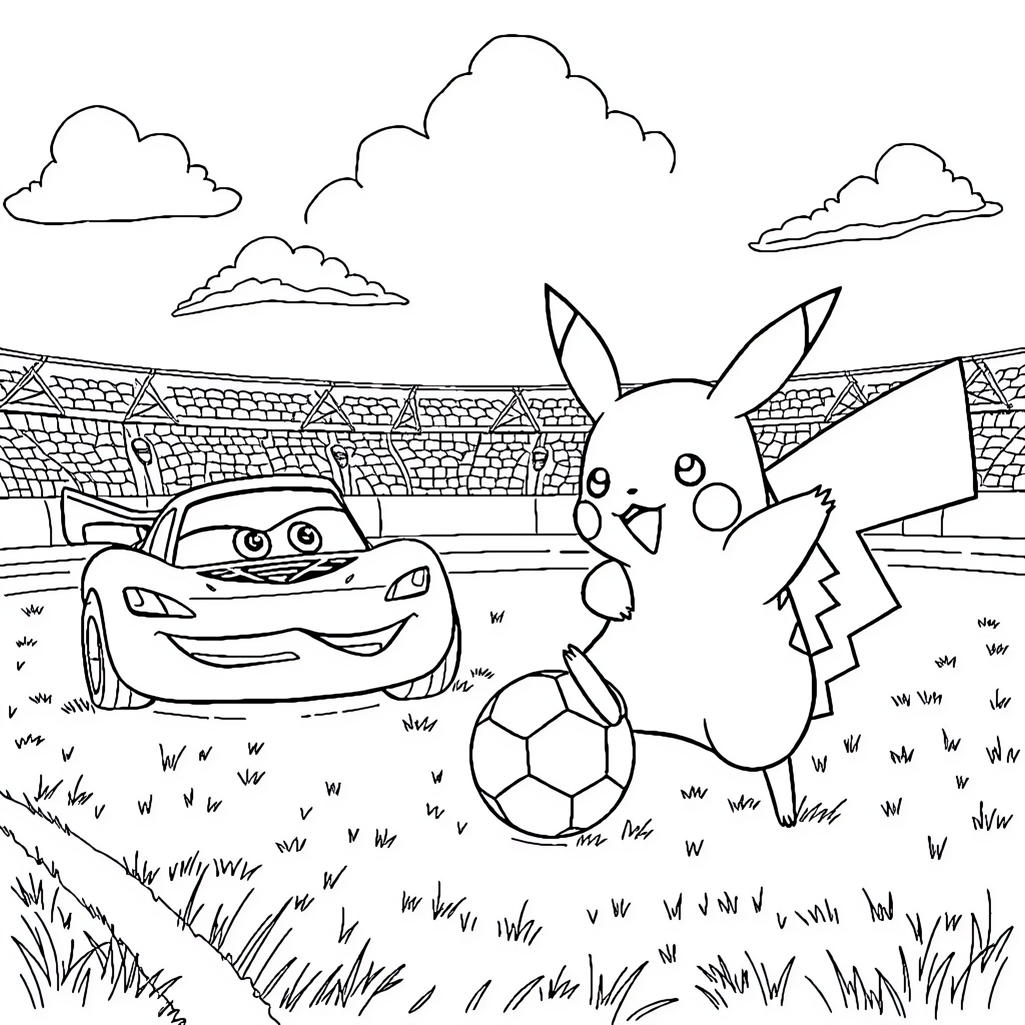 Pikachu playing soccer with a car in the stadium Coloring Page (free black-and-white line drawing printable PDF for all, from beginners to advanced learners, including children, teens, adults, and seniors)