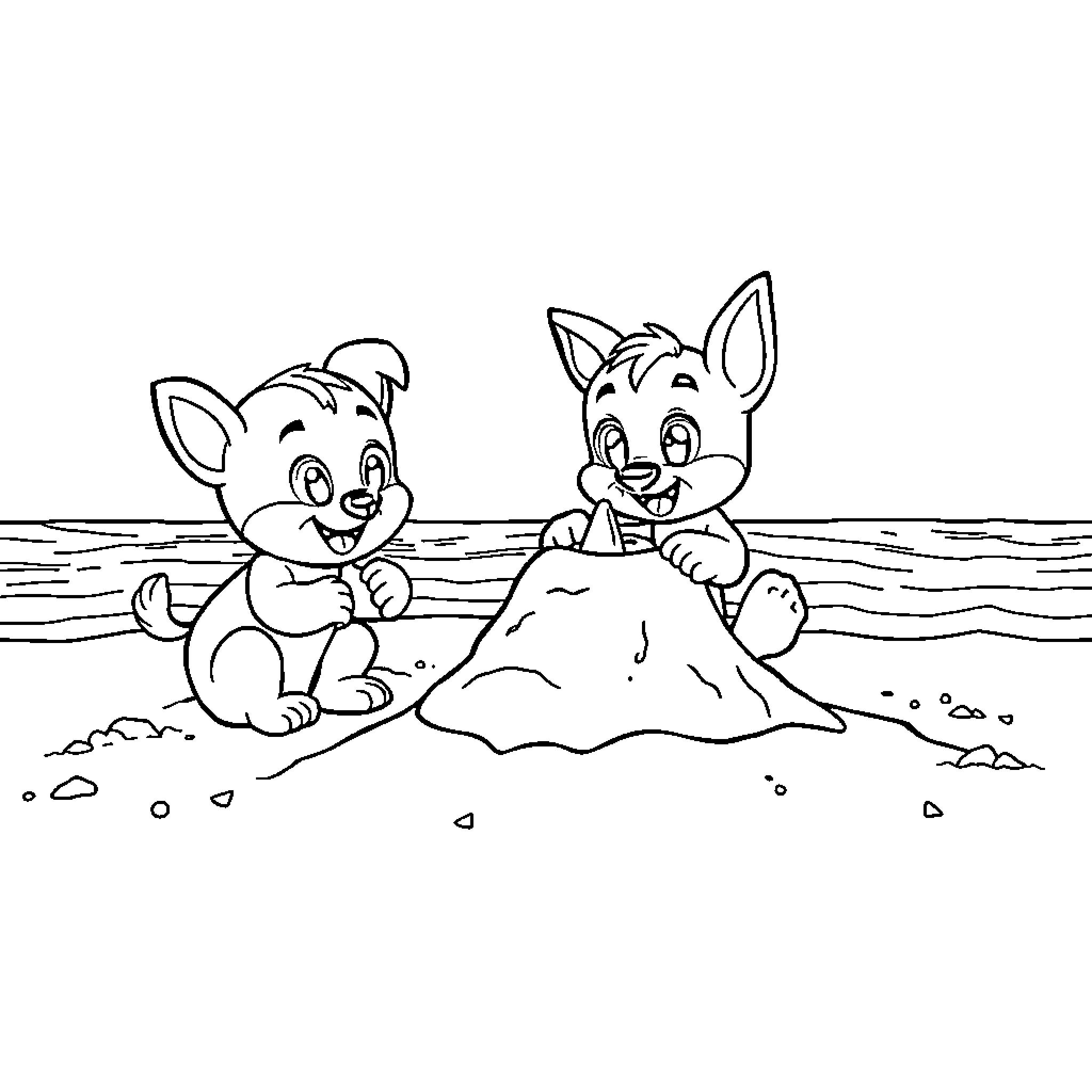 Bluey and Bingo build a sand castle on the beach Coloring Page (free black-and-white line drawing printable PDF for all, from beginners to advanced learners, including children, teens, adults, and seniors)