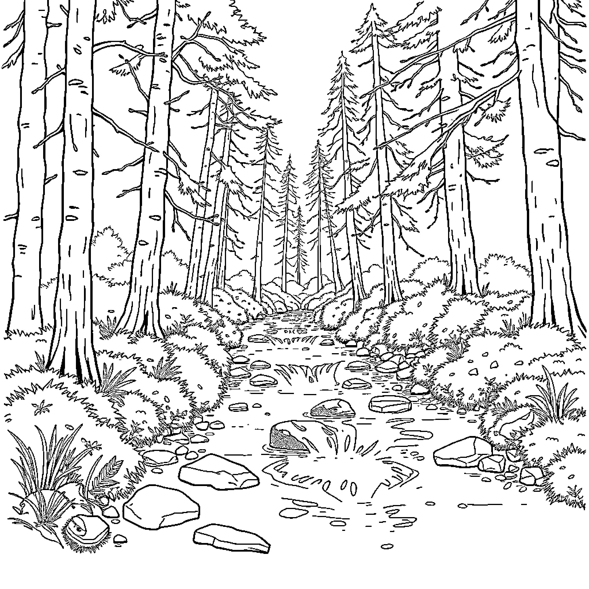 Stream flowing through a serene forest landscape Coloring Page (free black-and-white line drawing printable PDF for all, from beginners to advanced learners, including children, teens, adults, and seniors)