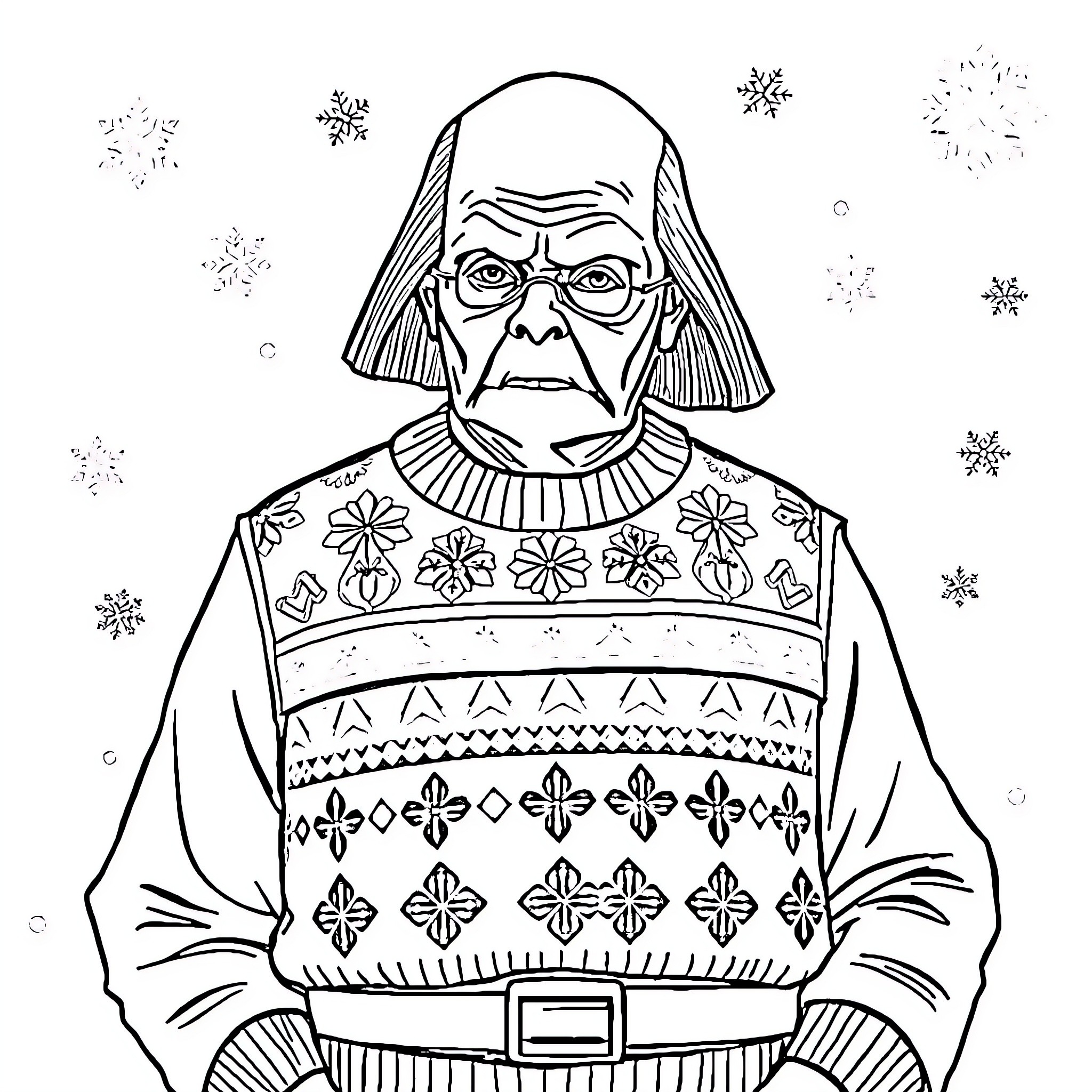 Palpatine in Festive Winter Attire Coloring Page (free black-and-white line drawing printable PDF for all, from beginners to advanced learners, including children, teens, adults, and seniors)
