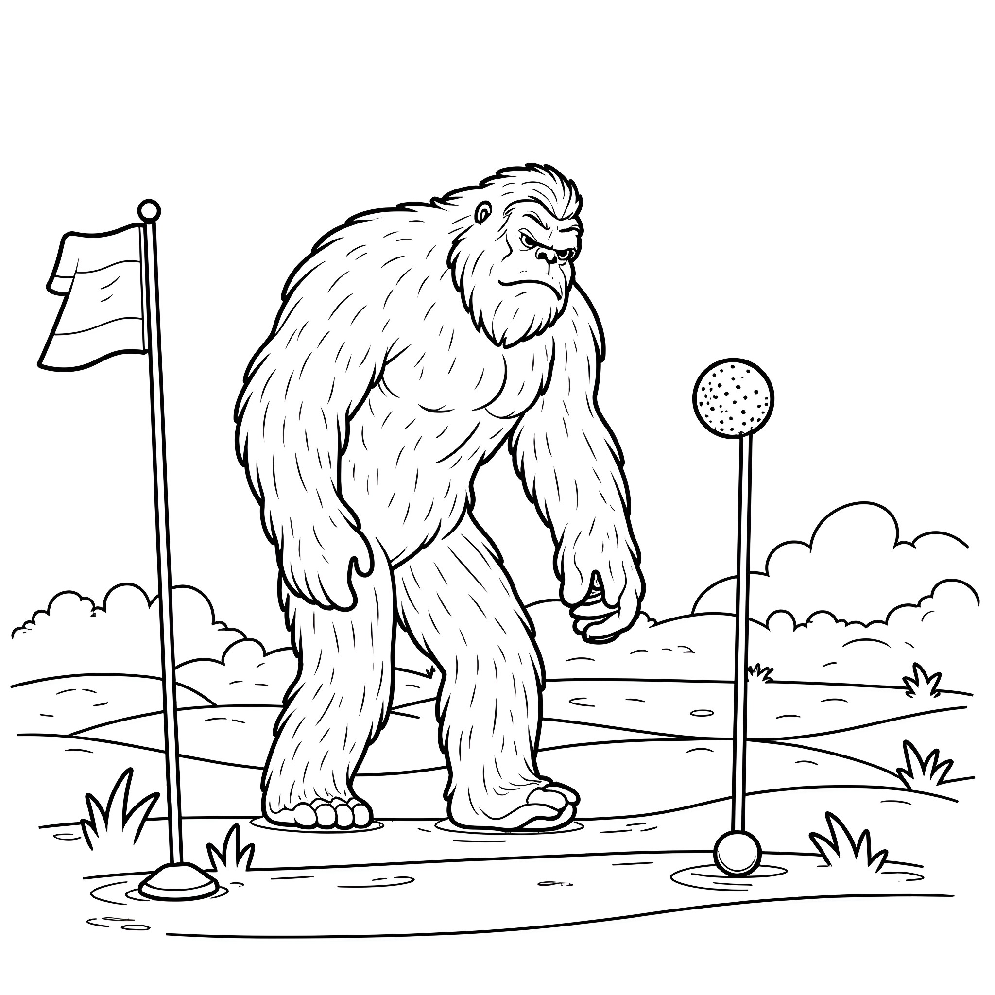 Bigfoot golfing in the wilderness Coloring Page (free black-and-white line drawing printable PDF for all, from beginners to advanced learners, including children, teens, adults, and seniors)