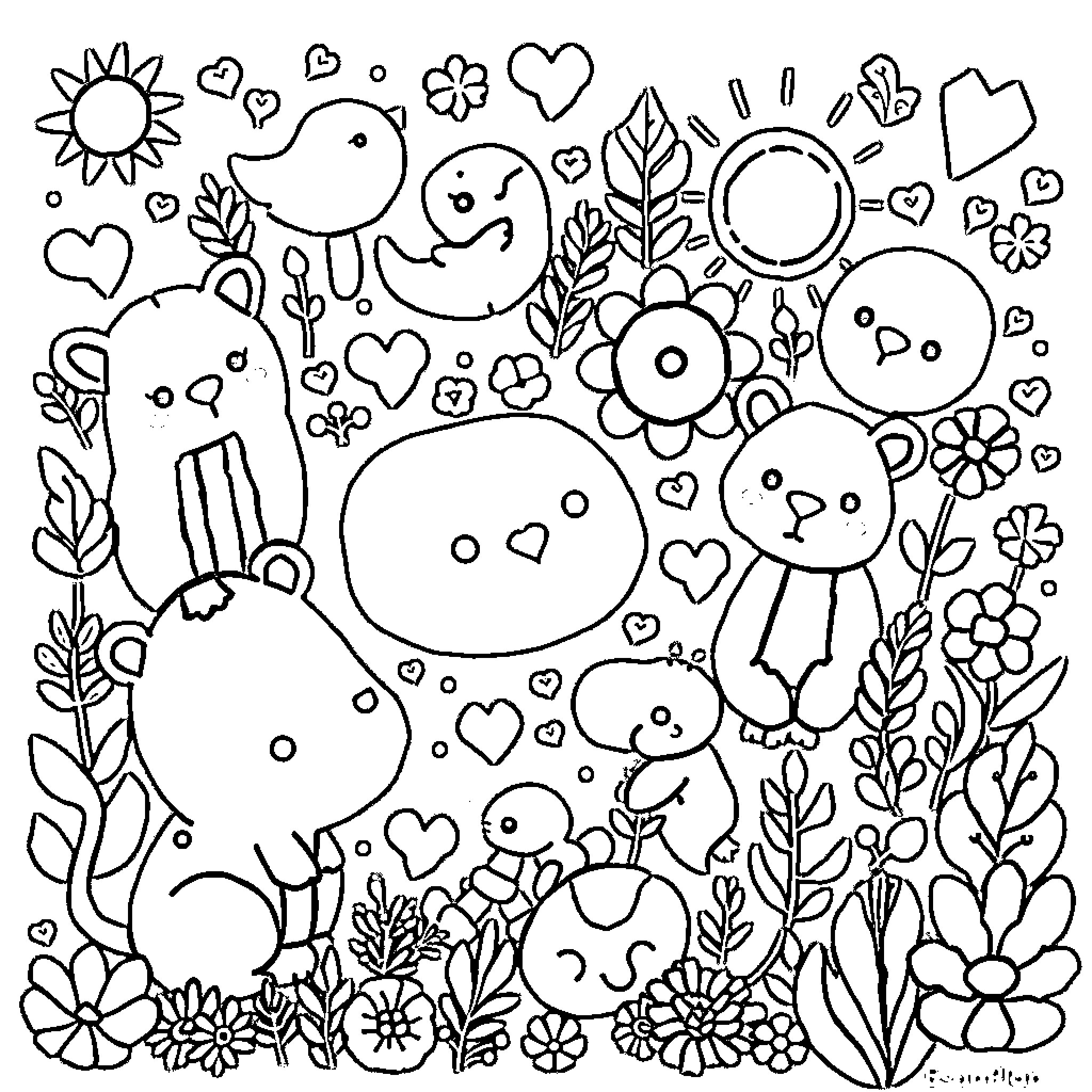 Color By Number Whimsical Creatures in Floral Garden Coloring Page (free black-and-white line drawing printable PDF for all, from beginners to advanced learners, including children, teens, adults, and seniors)