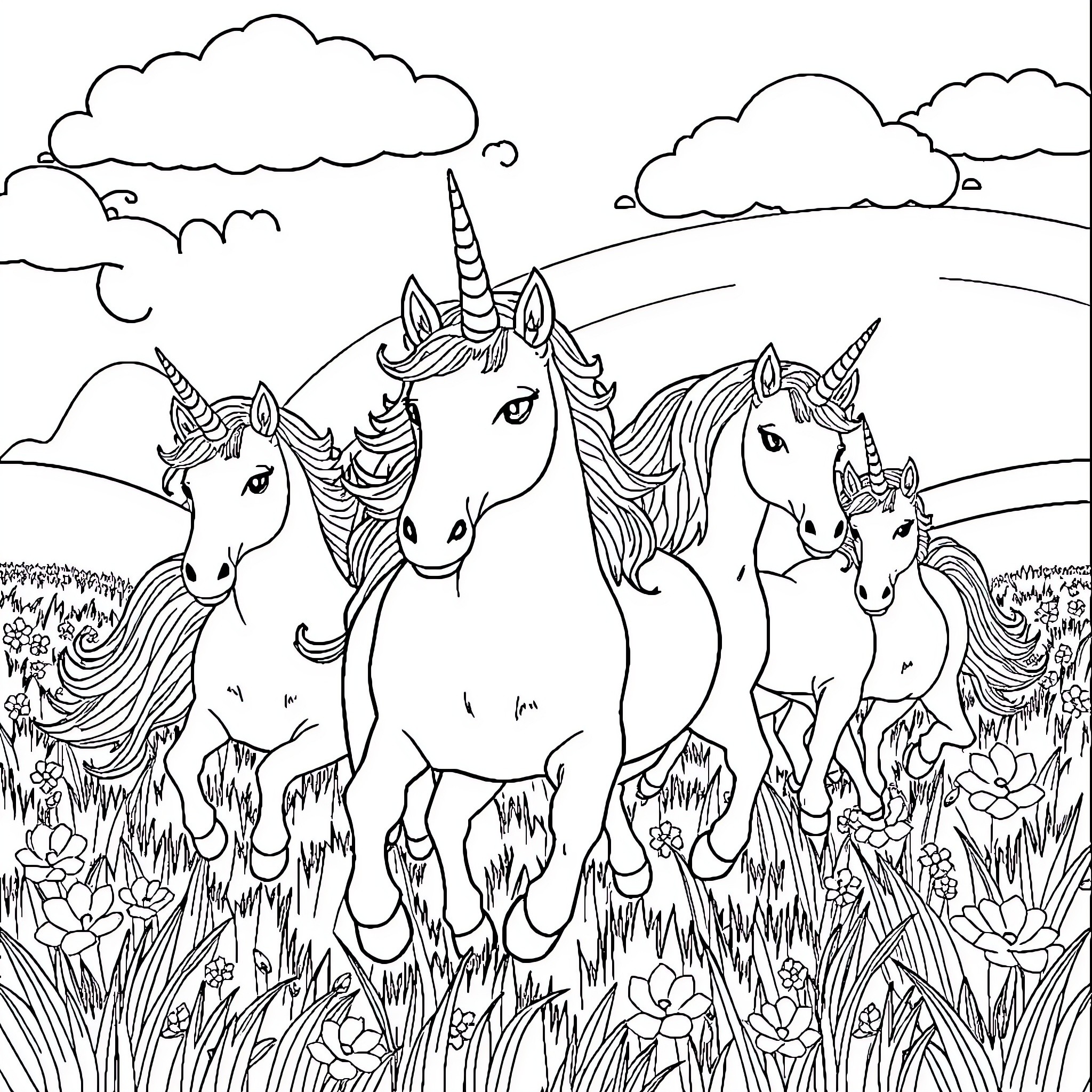 Unicorn family frolicking in the meadow Coloring Page (free black-and-white line drawing printable PDF for all, from beginners to advanced learners, including children, teens, adults, and seniors)