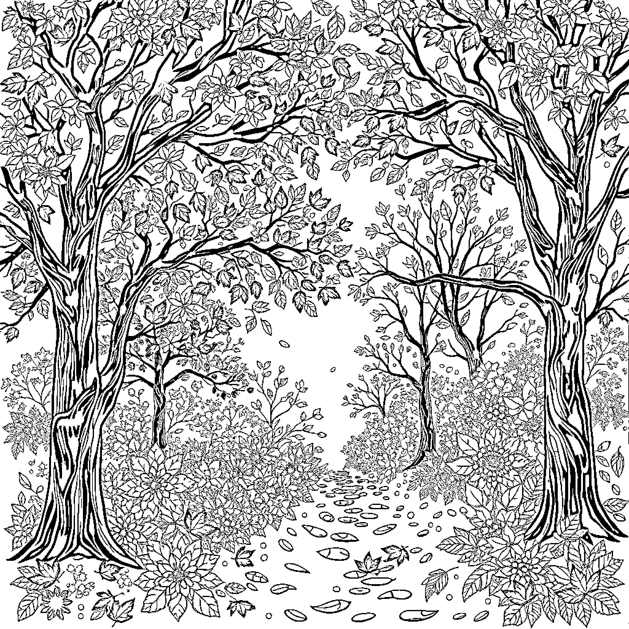 Autumn Woodland Path through Lush Foliage Coloring Page (free black-and-white line drawing printable PDF for all, from beginners to advanced learners, including children, teens, adults, and seniors)