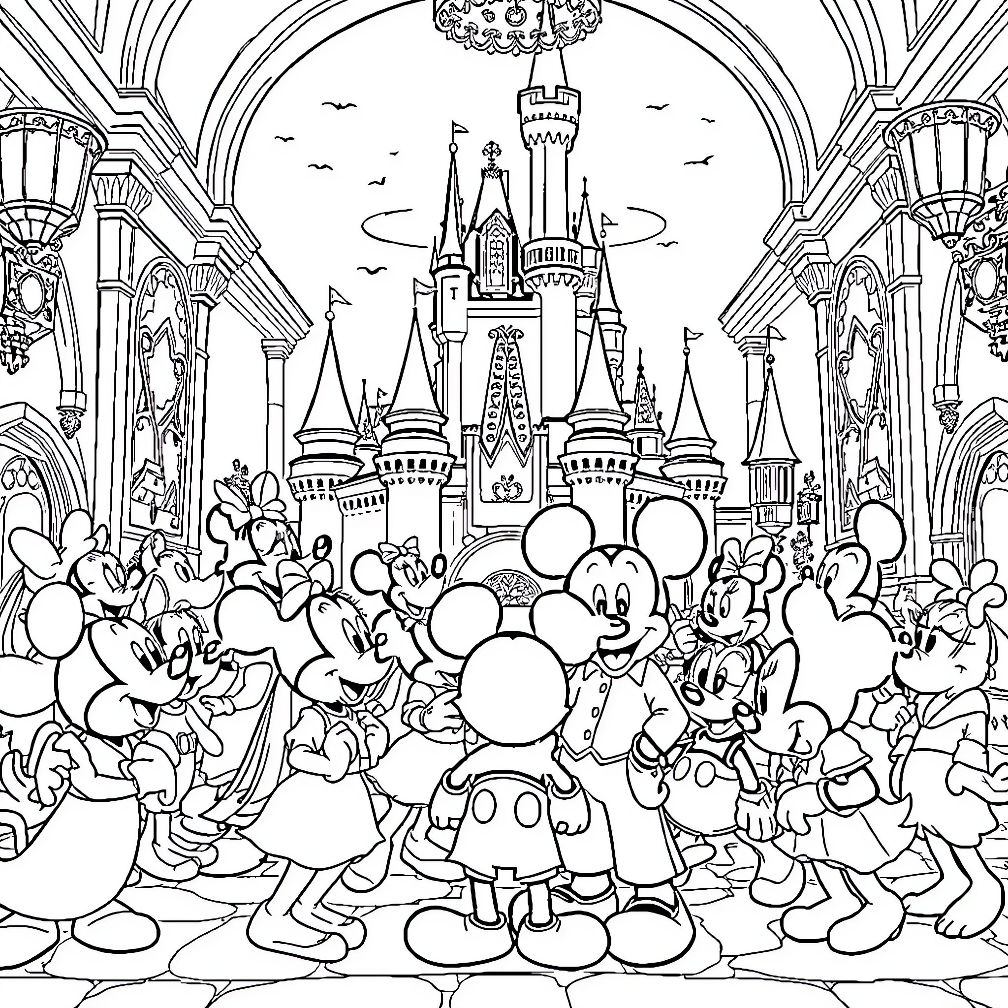 Disney Characters Enjoying a Festive Celebration at the Castle Coloring Page (free black-and-white line drawing printable PDF for all, from beginners to advanced learners, including children, teens, adults, and seniors)