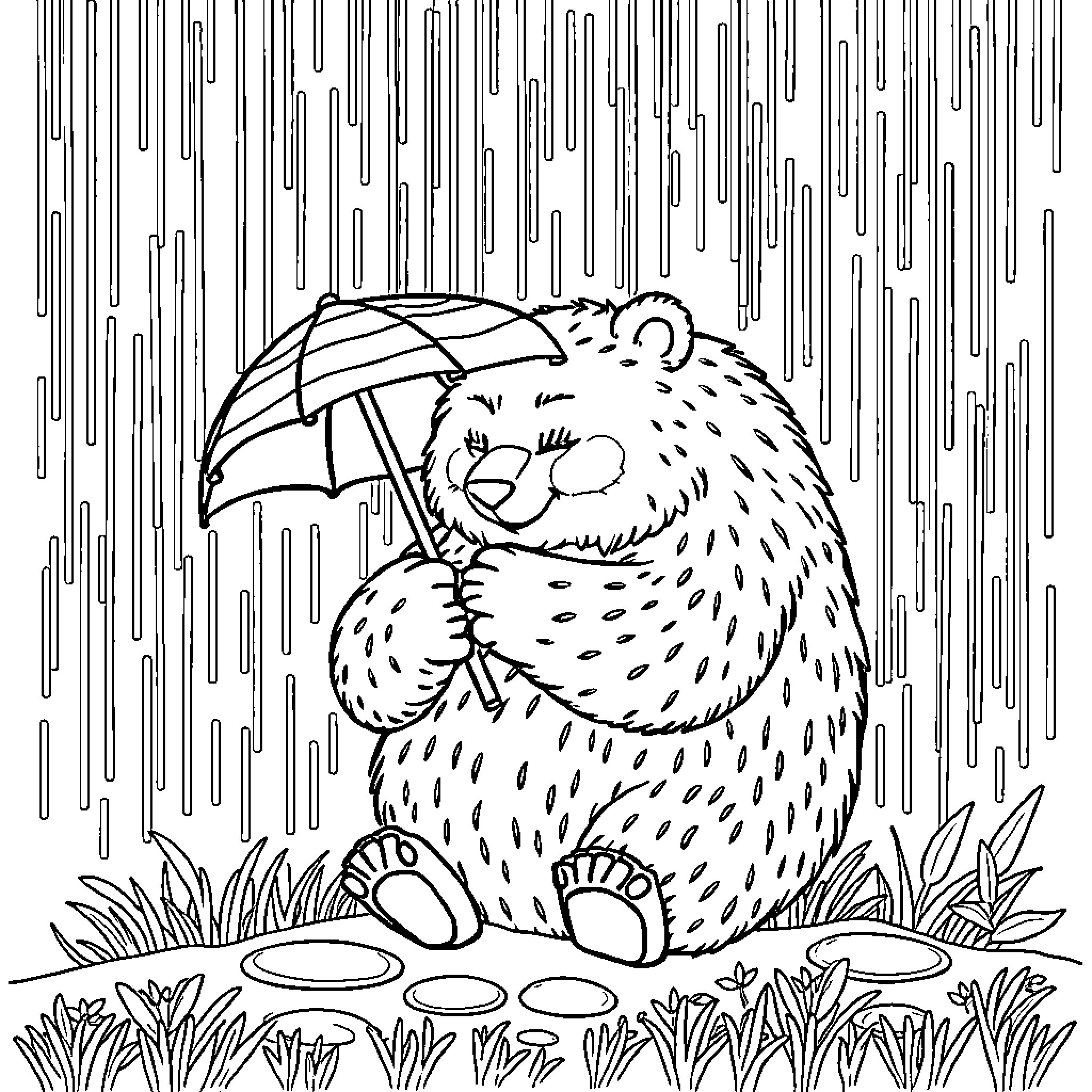 Bear enjoying the rainy day with umbrella Coloring Page (free black-and-white line drawing printable PDF for all, from beginners to advanced learners, including children, teens, adults, and seniors)