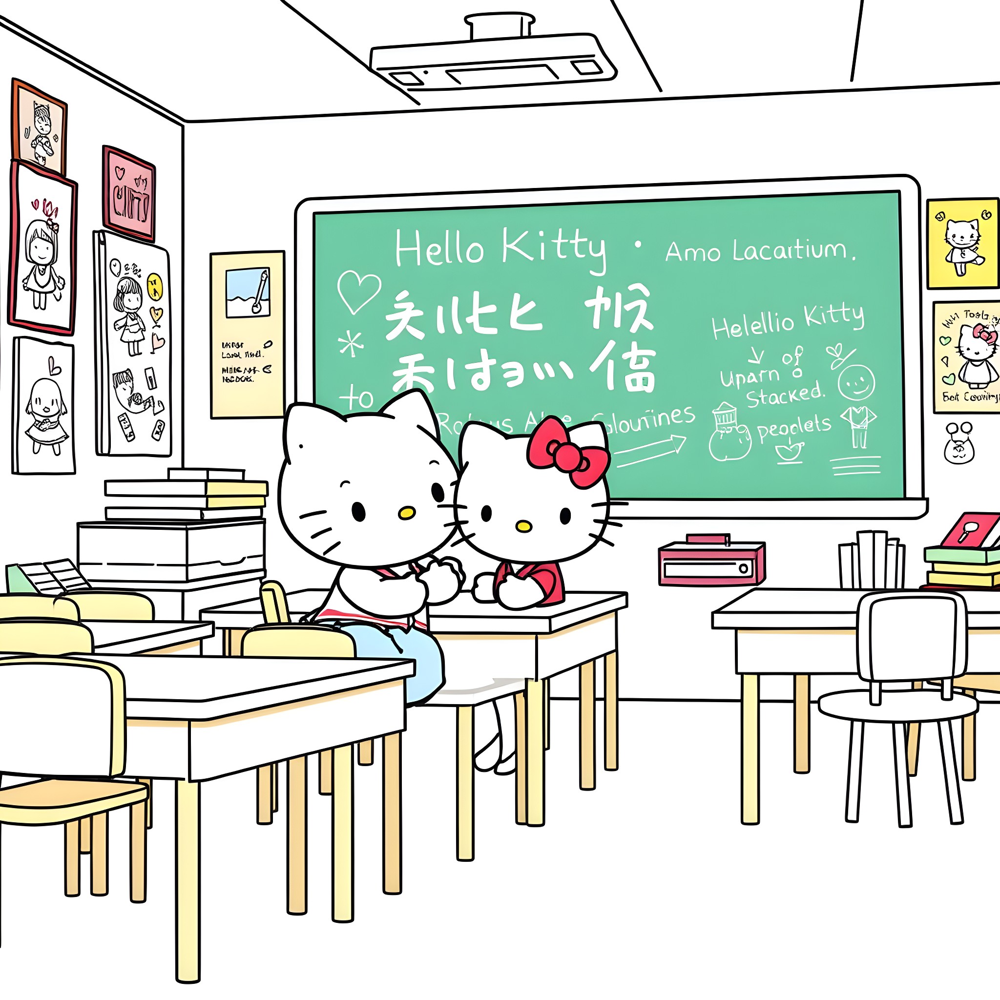 Labubu's Classroom Adventure Coloring Page (free black-and-white line drawing printable PDF for all, from beginners to advanced learners, including children, teens, adults, and seniors)