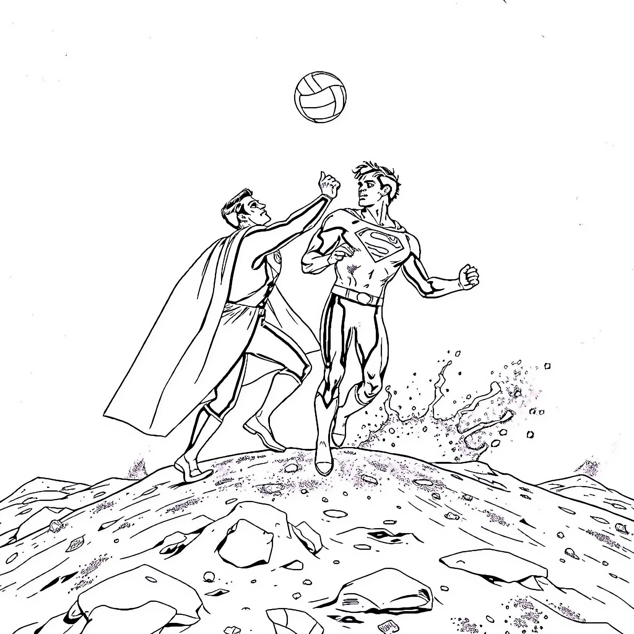 Superman playing volleyball with a friend in the countryside Coloring Page (free black-and-white line drawing printable PDF for all, from beginners to advanced learners, including children, teens, adults, and seniors)