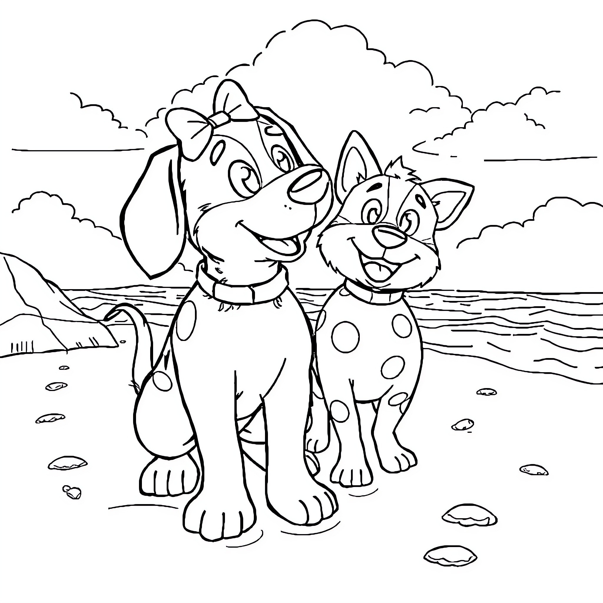 Bluey and Friends Explore the Beach Coloring Page (free black-and-white line drawing printable PDF for all, from beginners to advanced learners, including children, teens, adults, and seniors)
