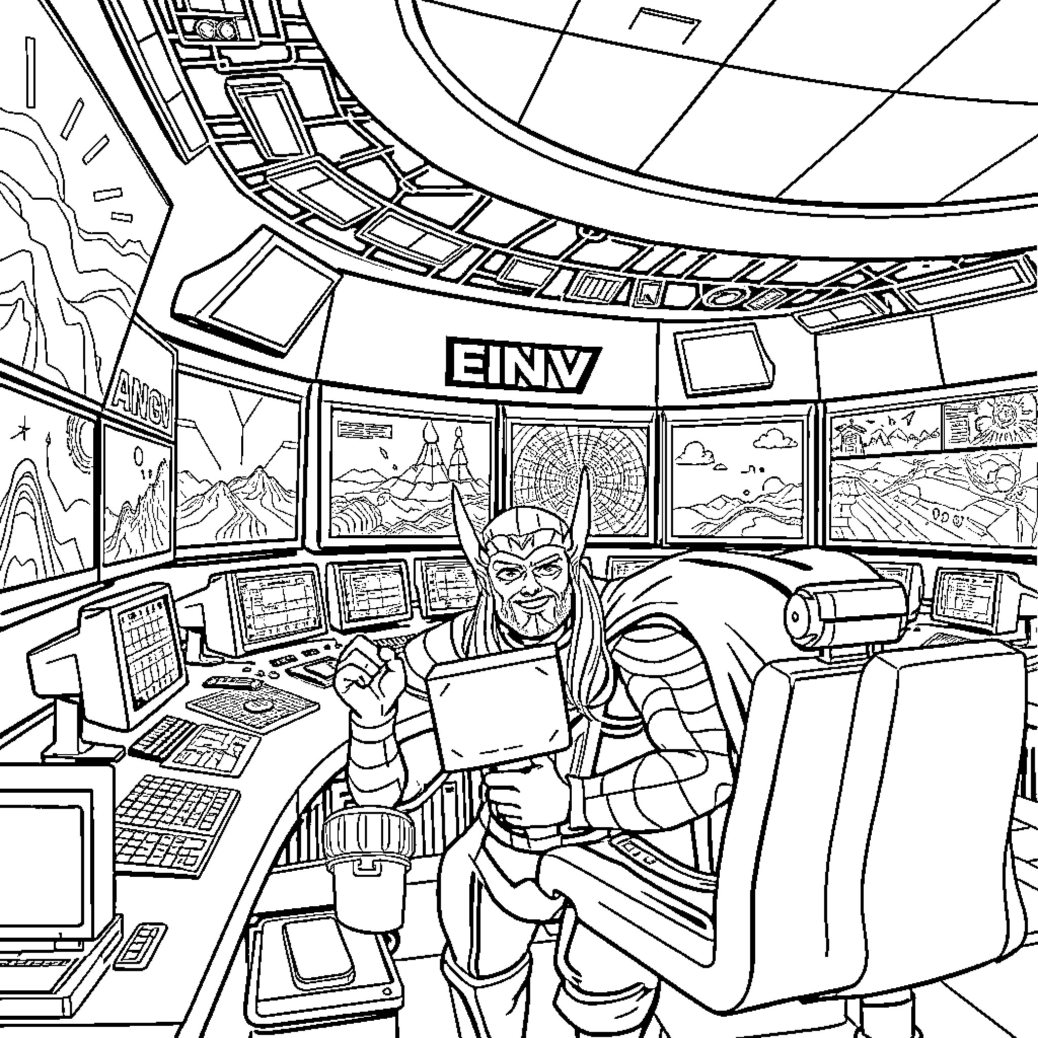 Thor's Futuristic Tech Command Center Coloring Page (free black-and-white line drawing printable PDF for all, from beginners to advanced learners, including children, teens, adults, and seniors)
