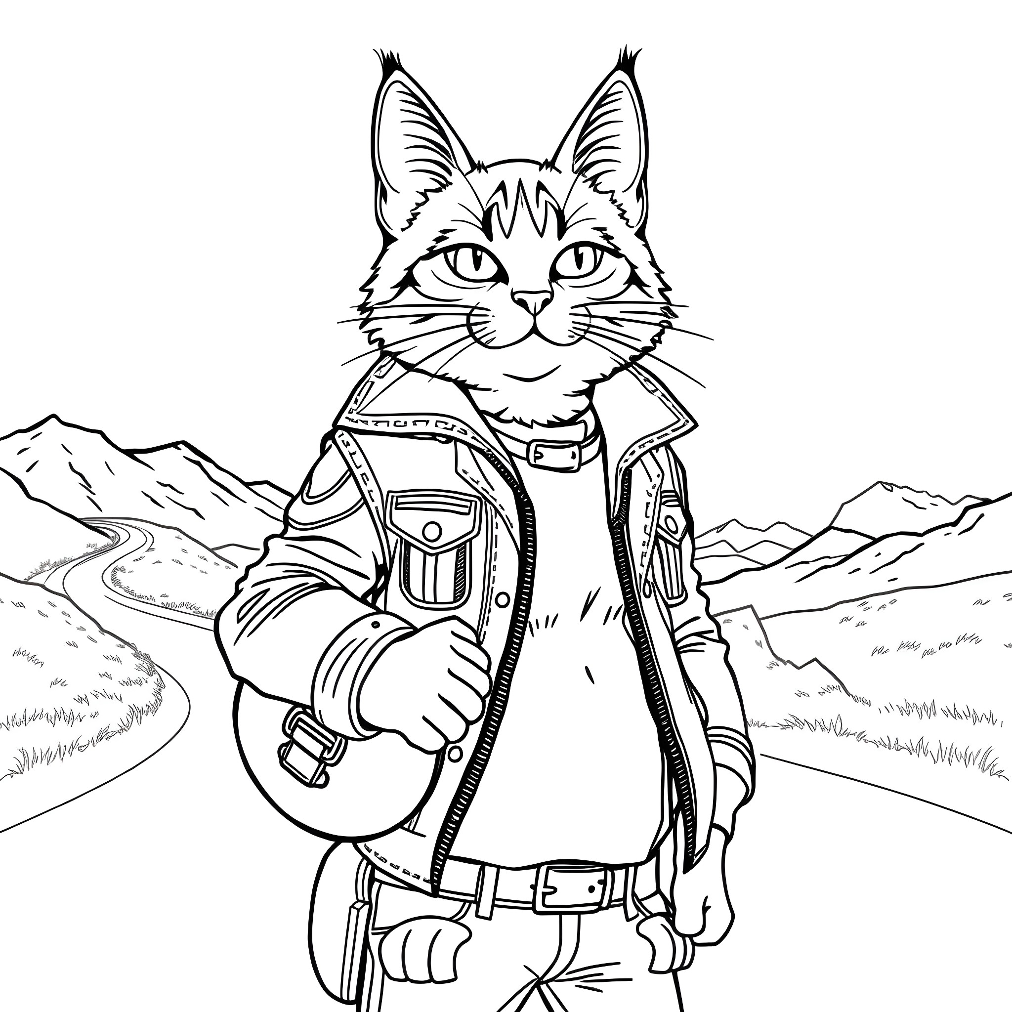 Calico Cat Adventurer in the Wild Coloring Page (free black-and-white line drawing printable PDF for all, from beginners to advanced learners, including children, teens, adults, and seniors)