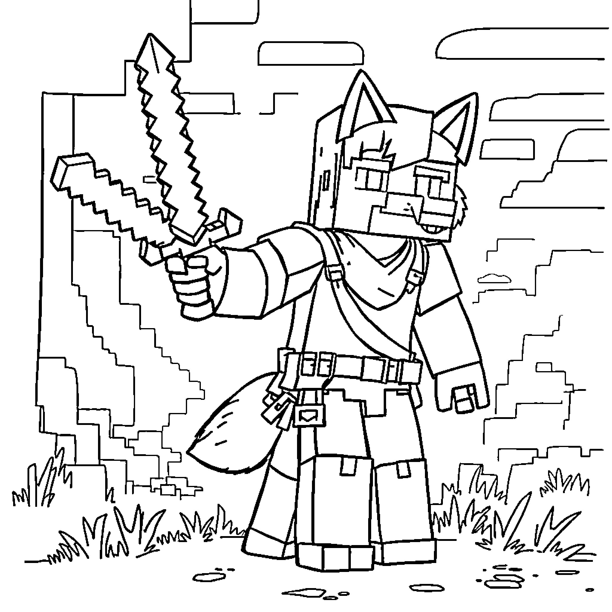 Steve the fox warrior holding two jagged swords Coloring Page (free black-and-white line drawing printable PDF for all, from beginners to advanced learners, including children, teens, adults, and seniors)